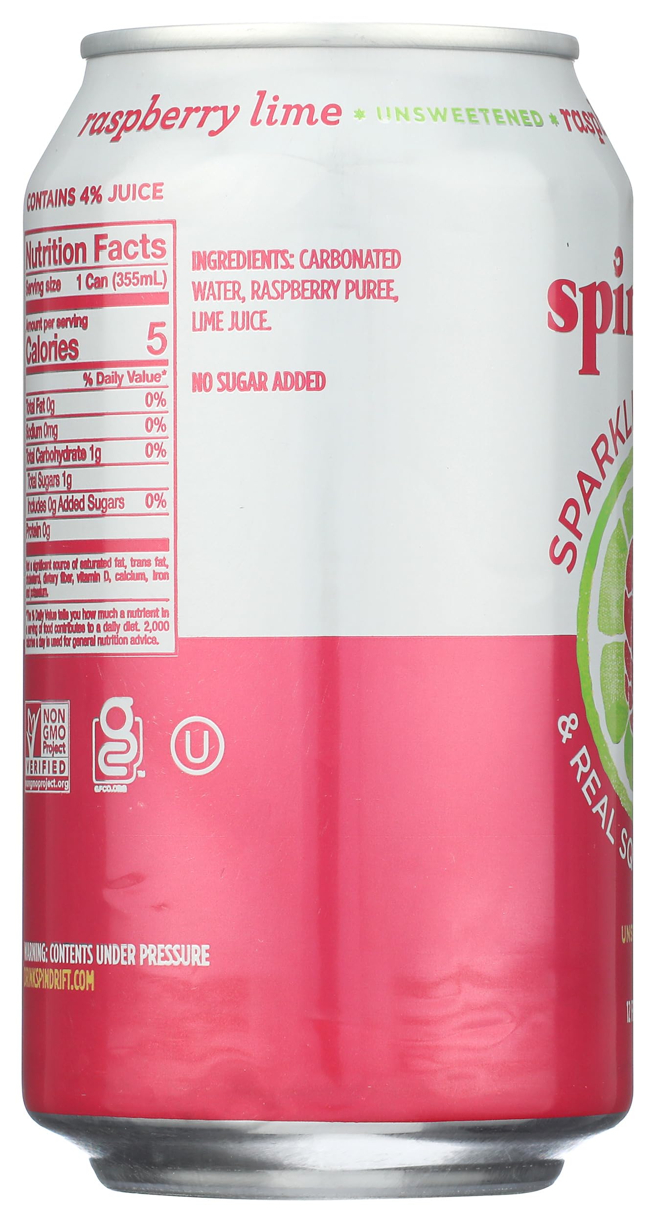 Spindrift Raspberry Lime lime wedge accents brighten the citrus note.