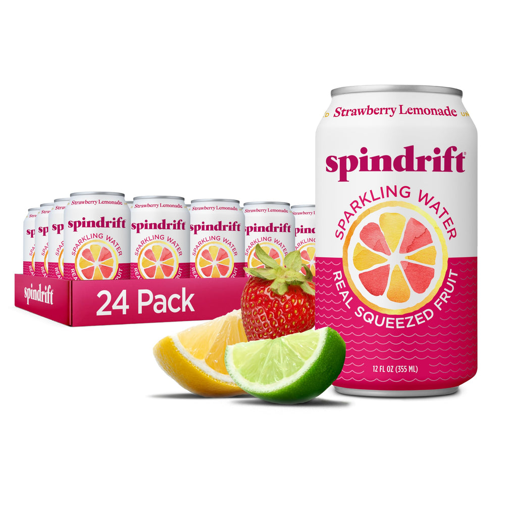 Spindrift Strawberry Lemonade can front view highlighting real fruit flavor.