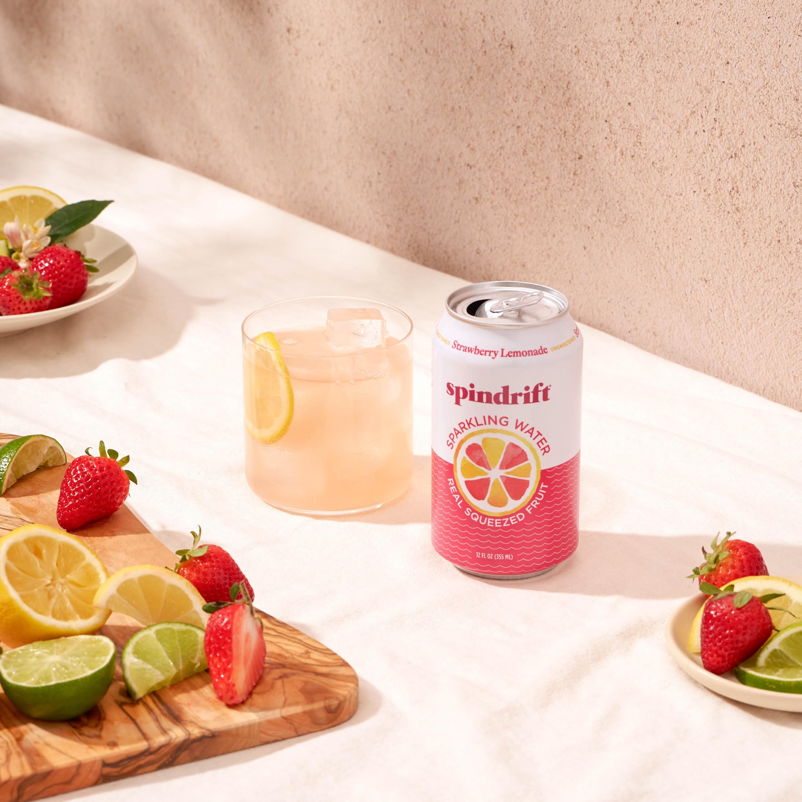 Spindrift Strawberry Lemonade can with fruit imagery highlighting real fruit flavor.