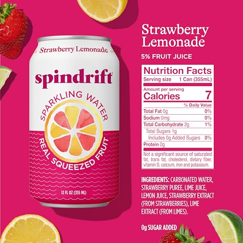 Spindrift Strawberry Lemonade label close-up showing real fruit content.