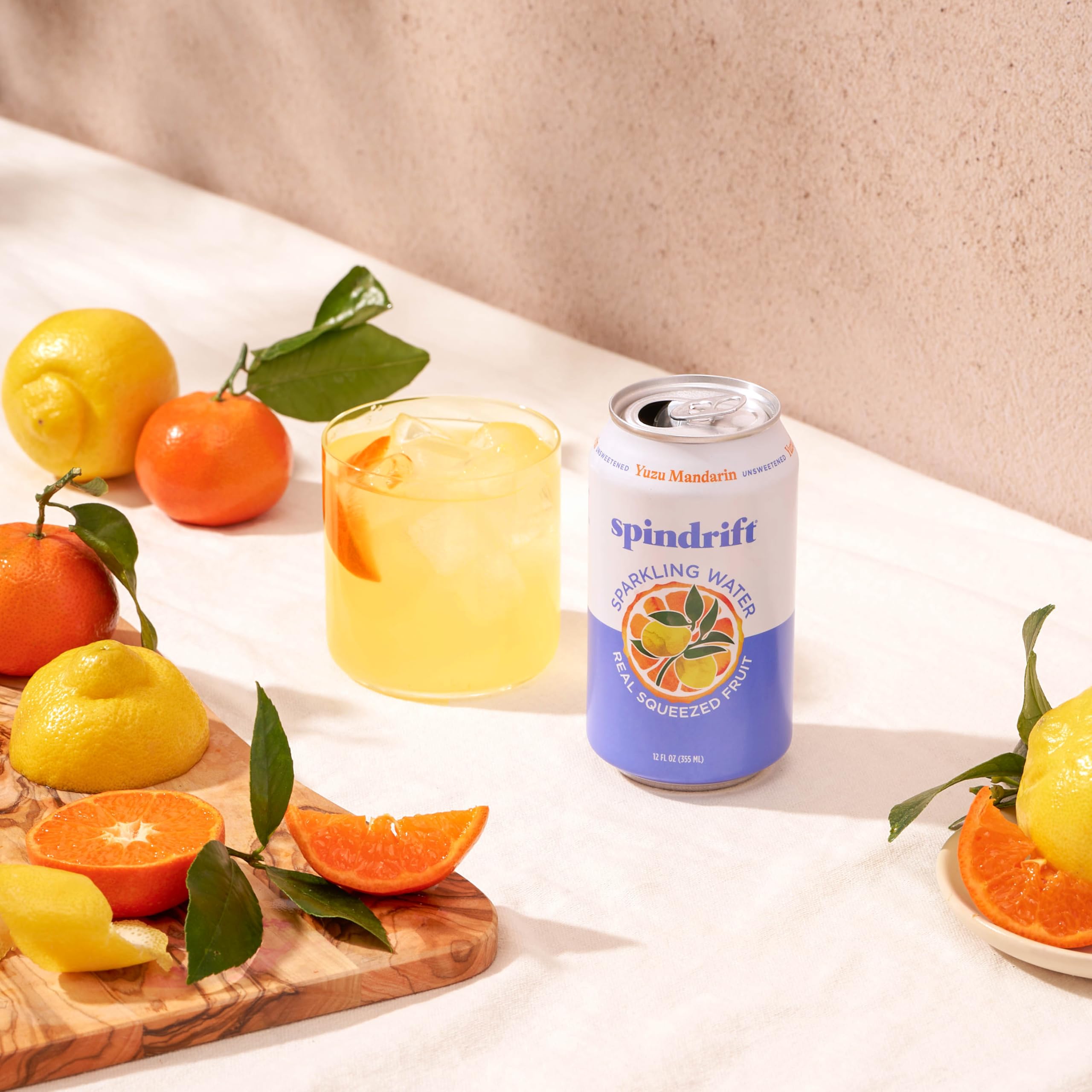 Spindrift Yuzu Mandarin label emphasizing unsweetened real fruit