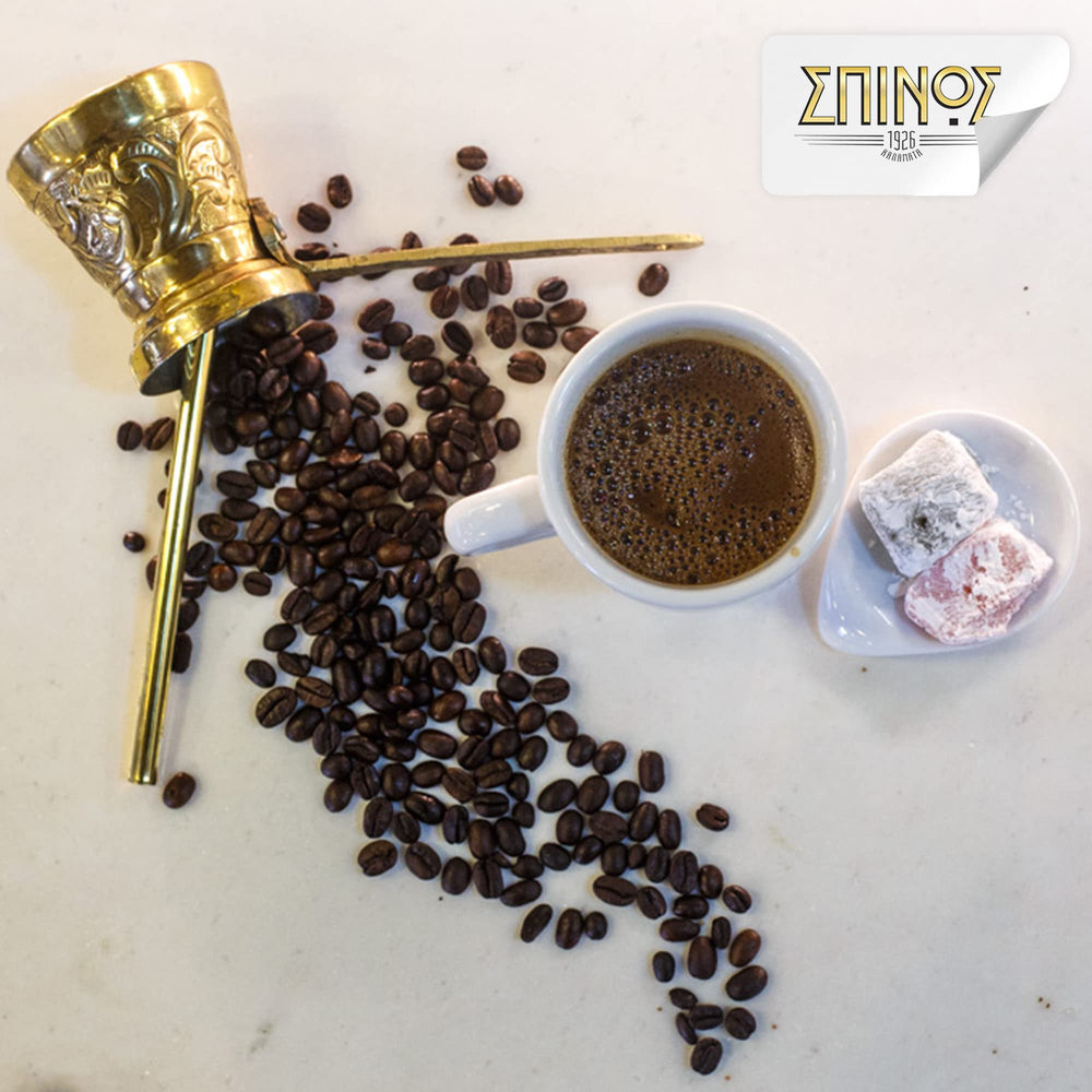 Spinos Authentic Greek Coffee arabica beans close-up emphasizes premium quality and aroma.