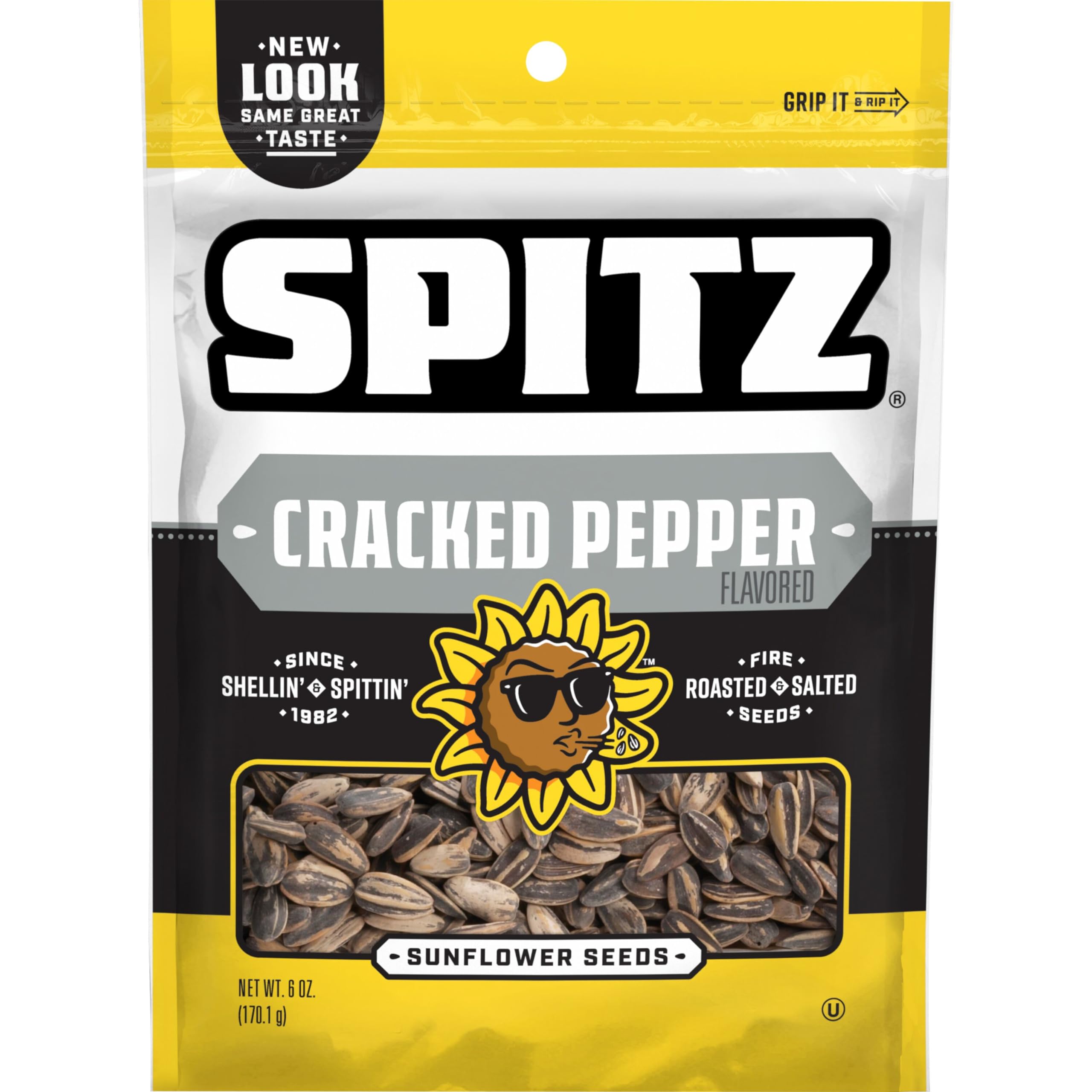 Spitz cracked pepper sunflower seeds bag close-up for bold, on-the-go snacking.