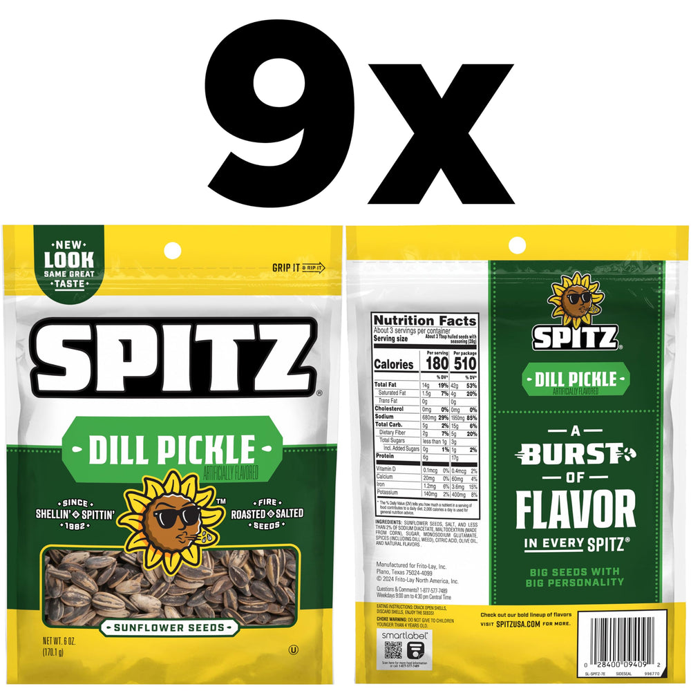 Spitz dill pickle sunflower seeds in bag close-up showing crunchy texture.