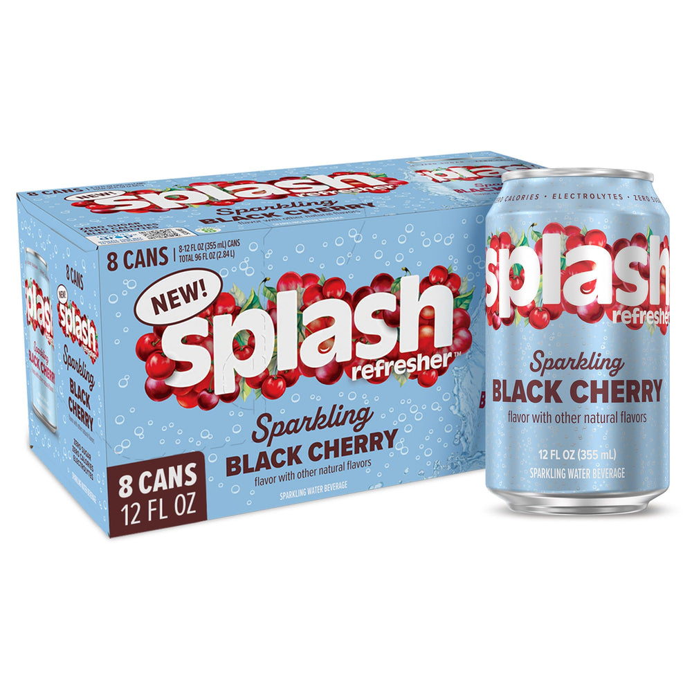 SPLASH REFRESHER Black Cherry 8-pack cans for on-the-go hydration and flavor.