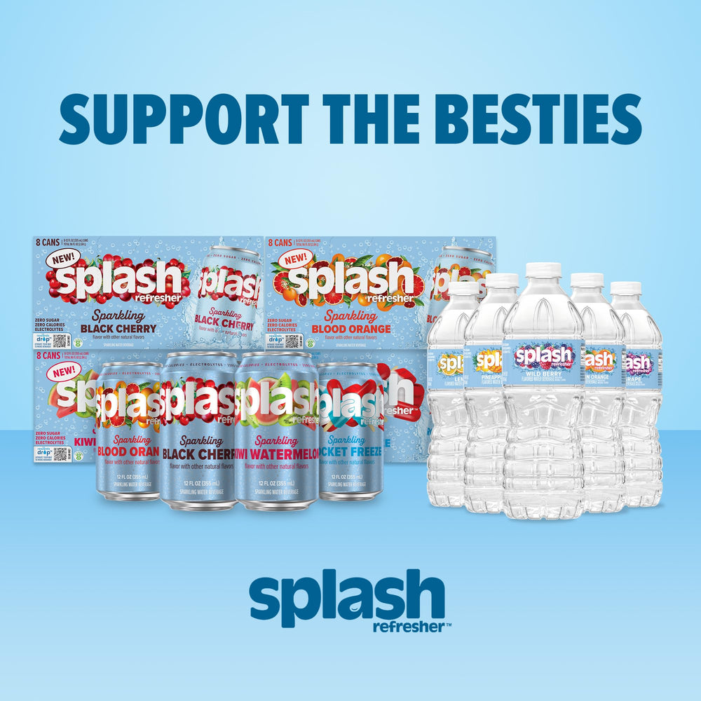 Front view of SPLASH REFRESHER Black Cherry 8-pack packaging display.
