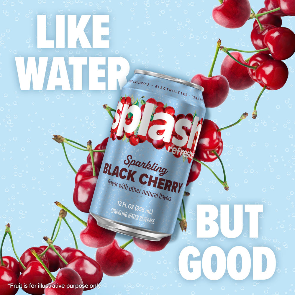 Pouring SPLASH REFRESHER Black Cherry into a glass to reveal refreshing fizz.
