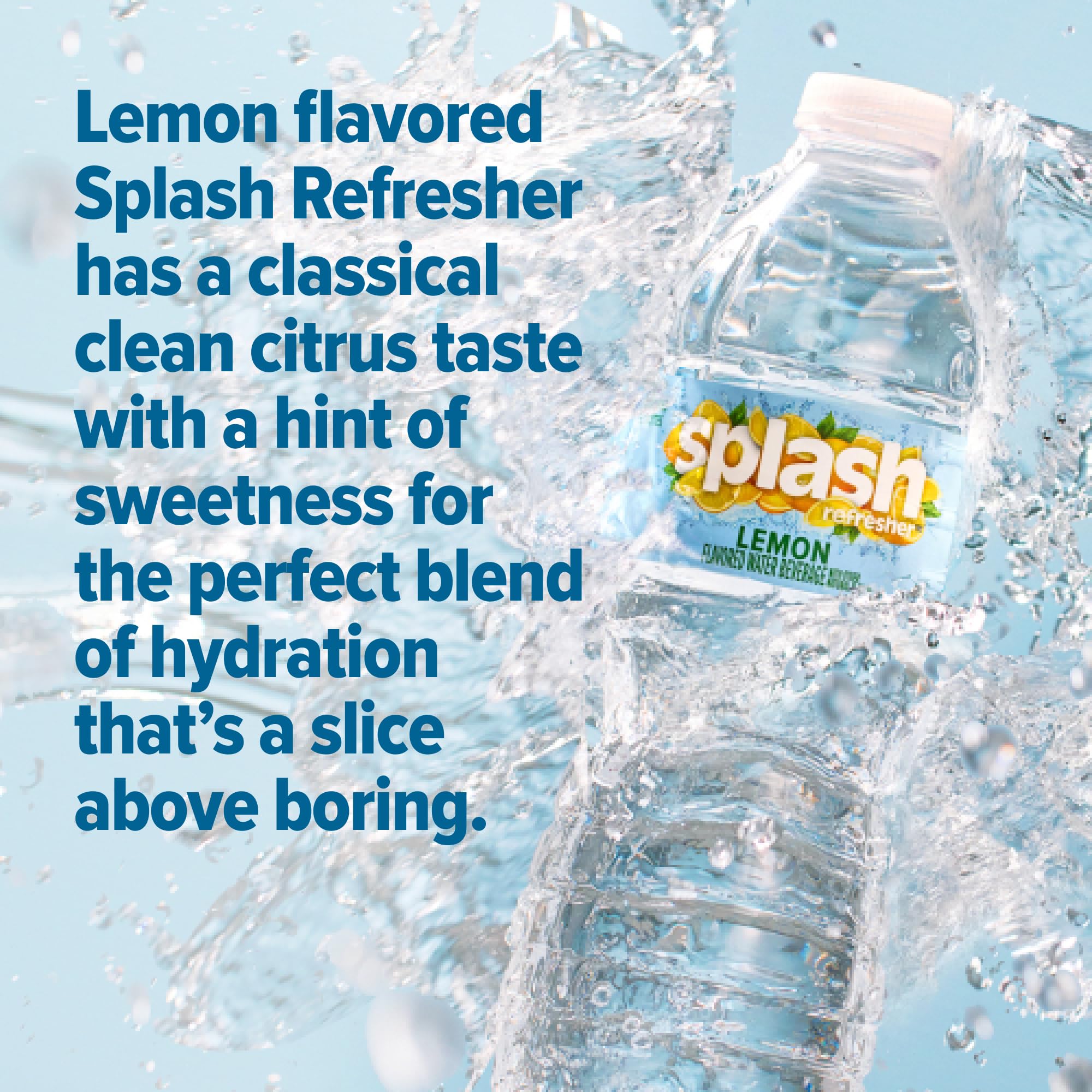 Full view of Splash Refresher Lemon bottle with bright label