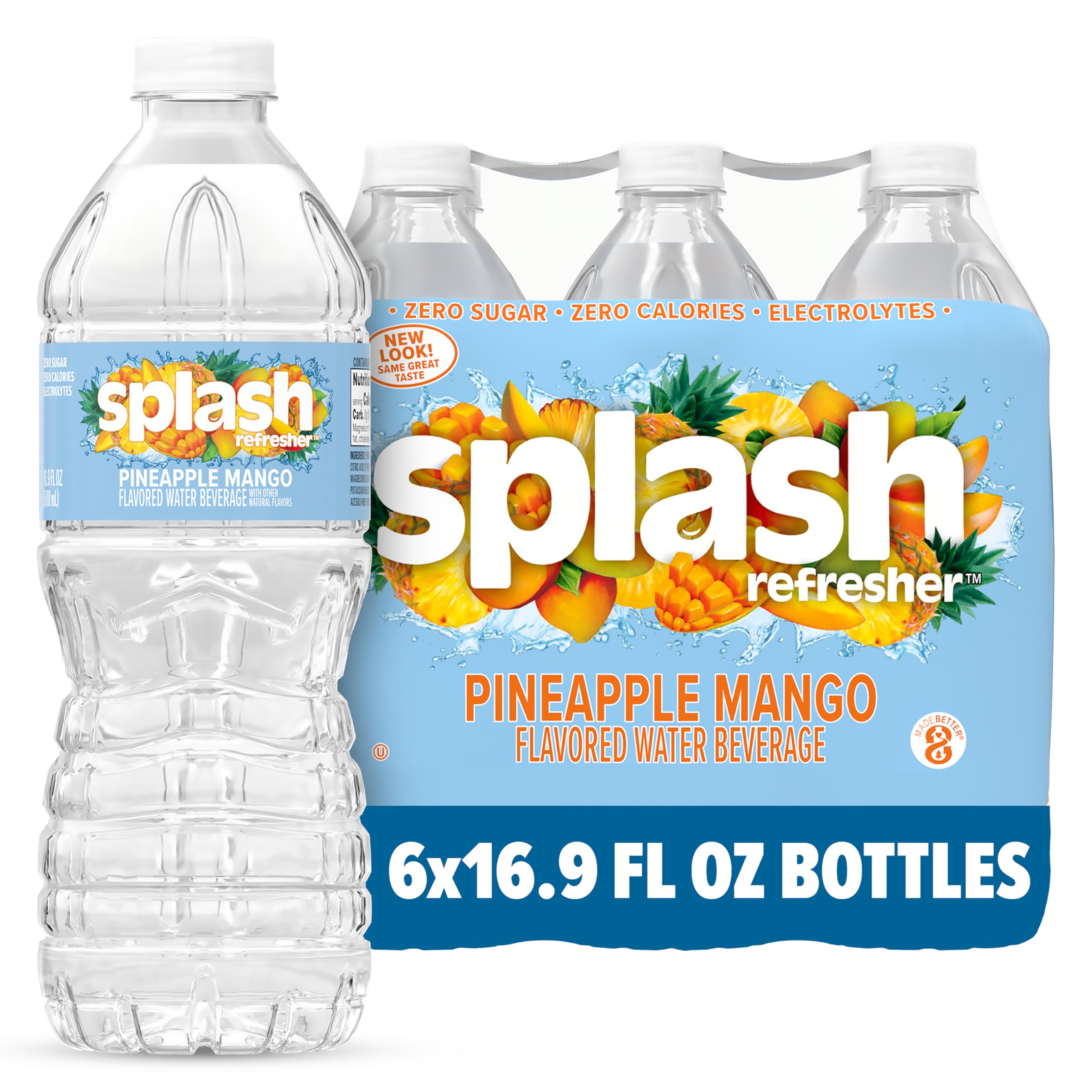 Splash Refresher Pineapple Mango bottle 6-pack on shelves offers zero-calorie hydration on the go.