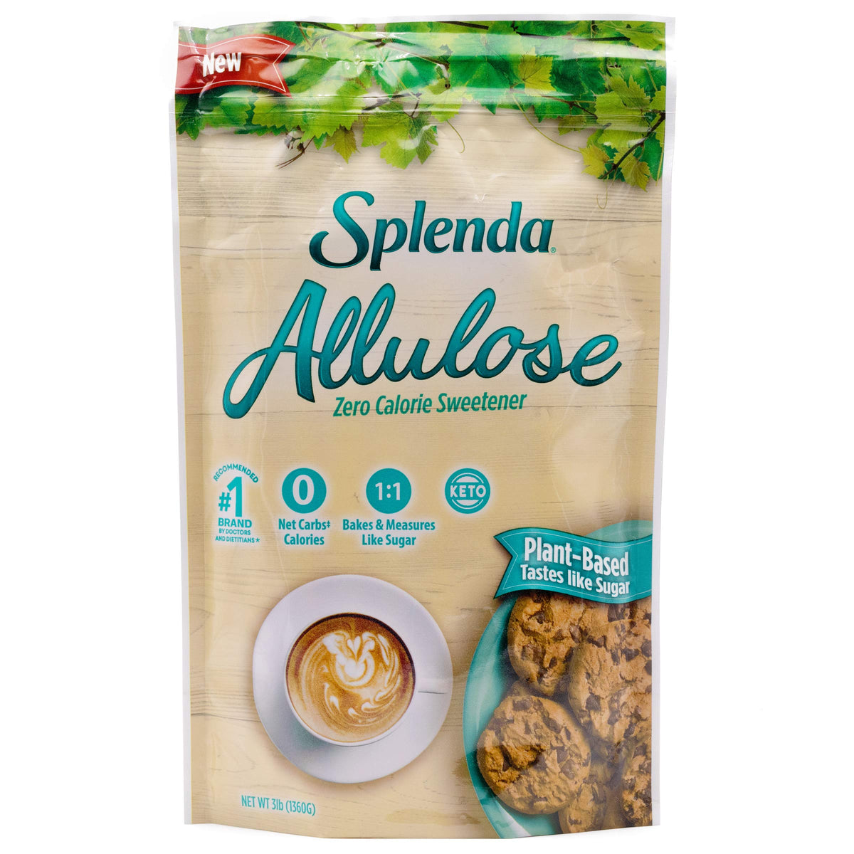 SPLENDA Allulose bag front shows resealable pouch for zero-calorie sweetness.