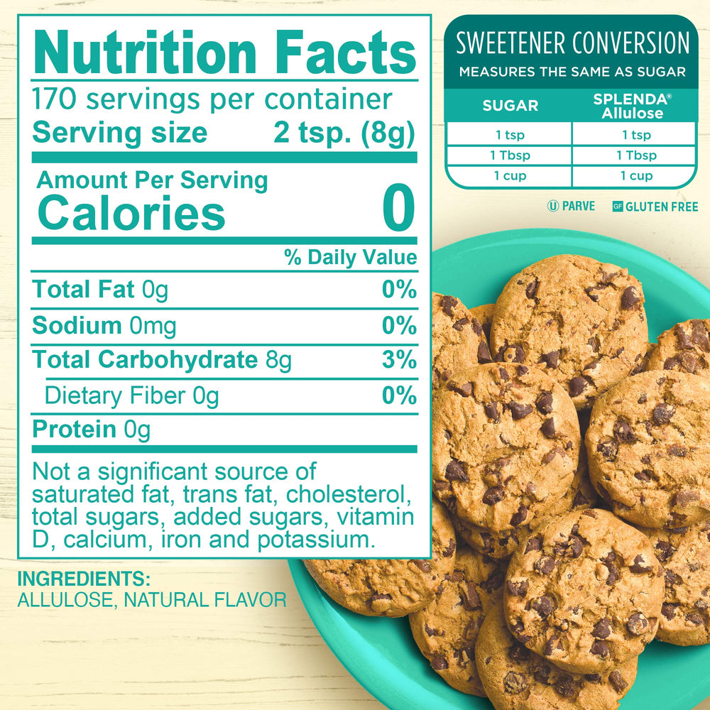 SPLENDA Allulose bag pour demonstrates easy measurement for sugar substitutes.