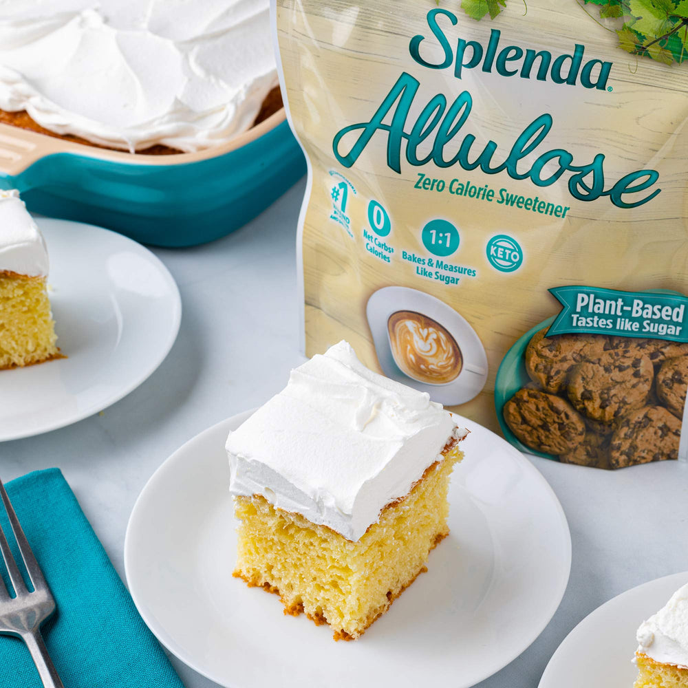 SPLENDA Allulose pantry-on-shelf suggests convenient plant-based sweetness ready.