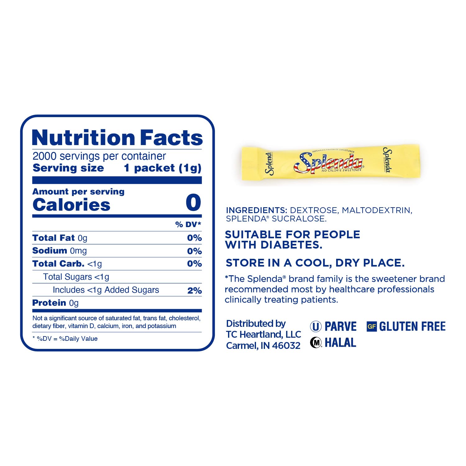 Splenda cafe stick packets ready to sweeten coffee with zero calories.