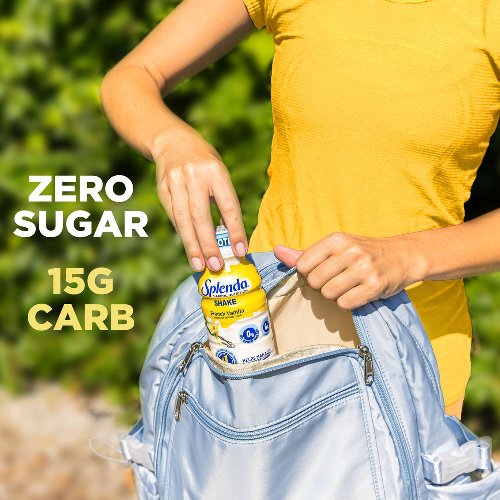 SPLENDA Diabetes Nutrition Shakes 12-pack carton front emphasizes no added sugar.