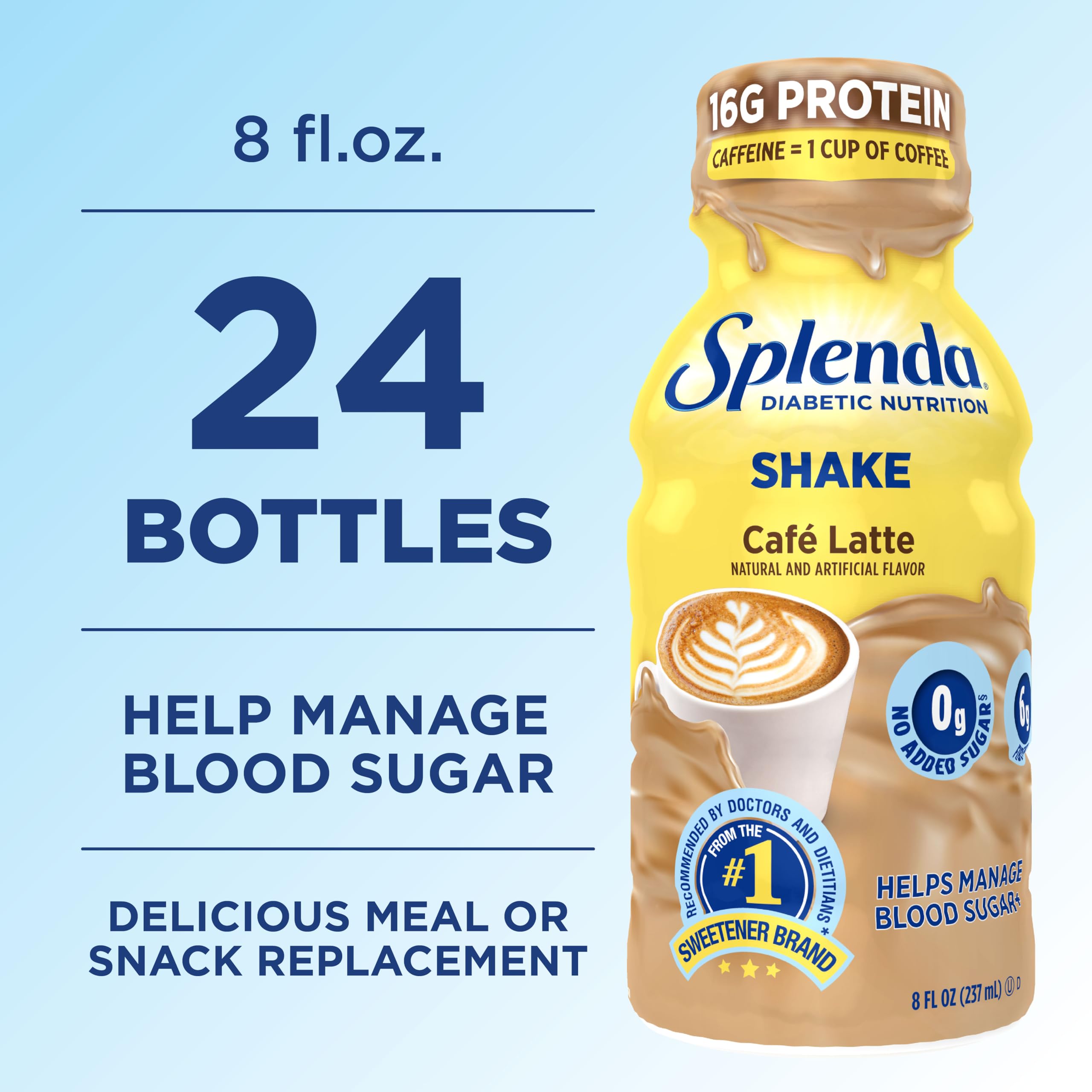 SPLENDA Diabetes Nutrition Shakes Cafe Latte nutrition panel displays fiber and protein details
