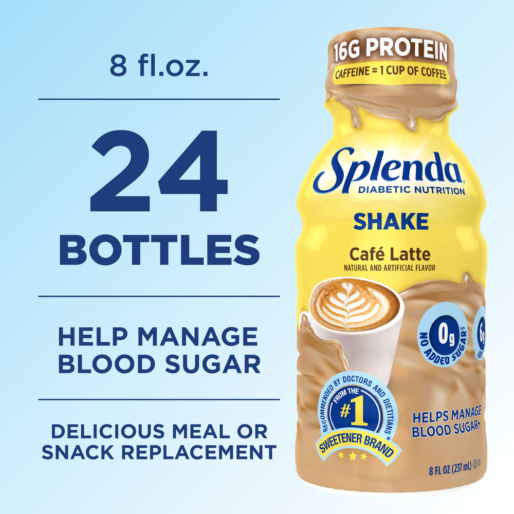 SPLENDA Diabetes Nutrition Shakes Cafe Latte nutrition panel displays fiber and protein details