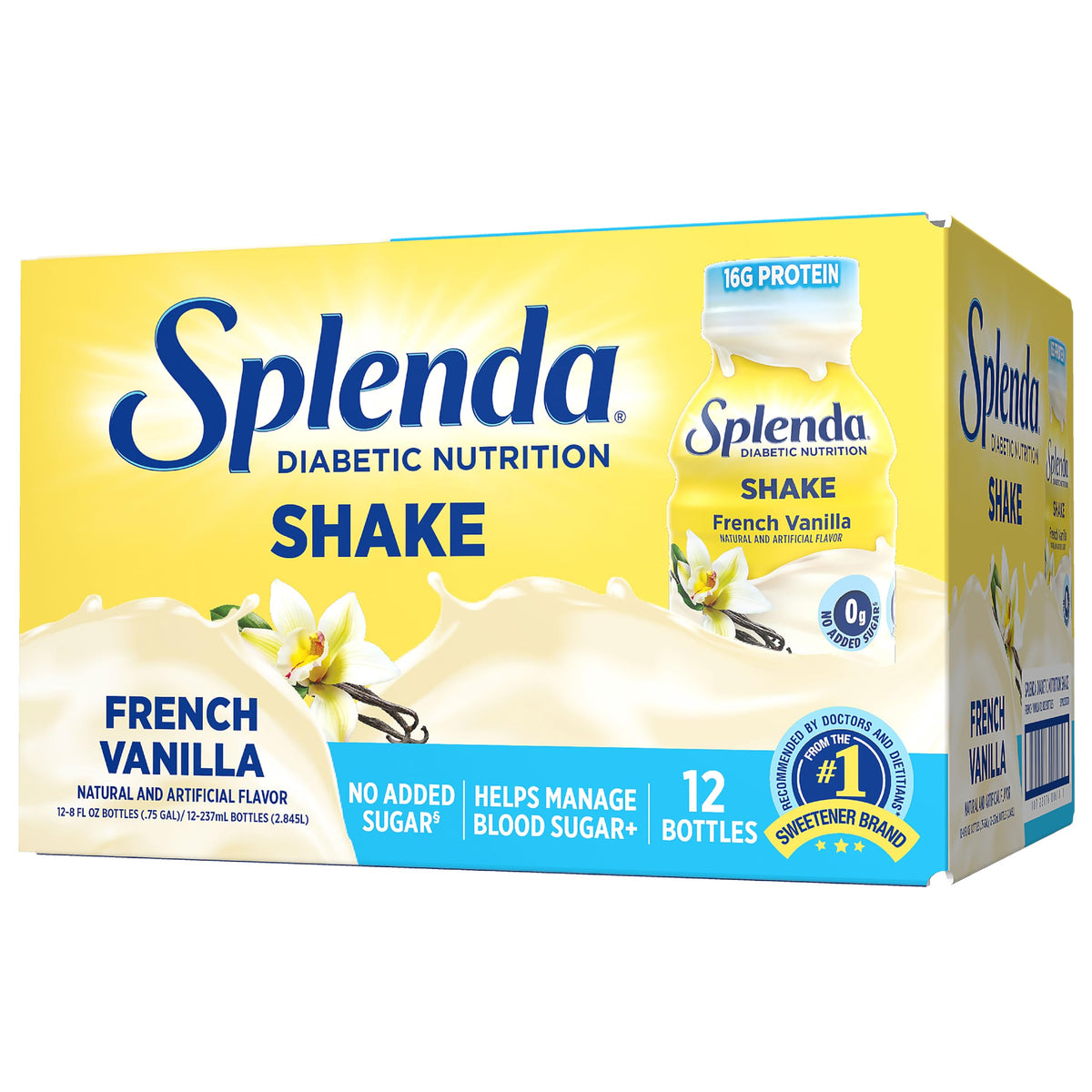 SPLENDA Diabetes Nutrition Shakes French Vanilla bottle shows convenient meal replacement.