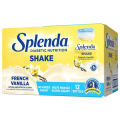 SPLENDA Diabetes Nutrition Shakes French Vanilla bottle shows convenient meal replacement.