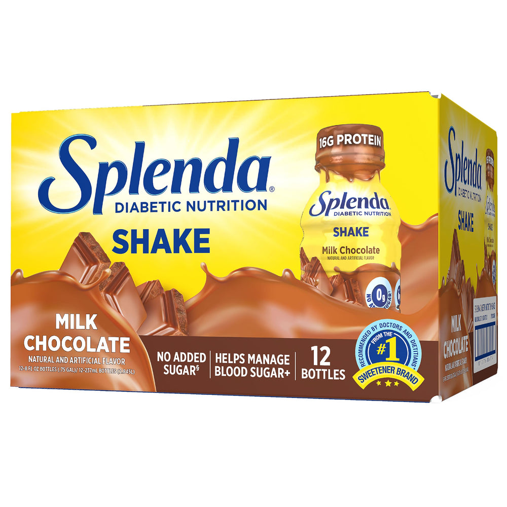 SPLENDA Diabetes Nutrition Shakes Milk Chocolate bottle showing creamy texture and no added sugar