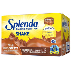 SPLENDA Diabetes Nutrition Shakes Milk Chocolate bottle showing creamy texture and no added sugar
