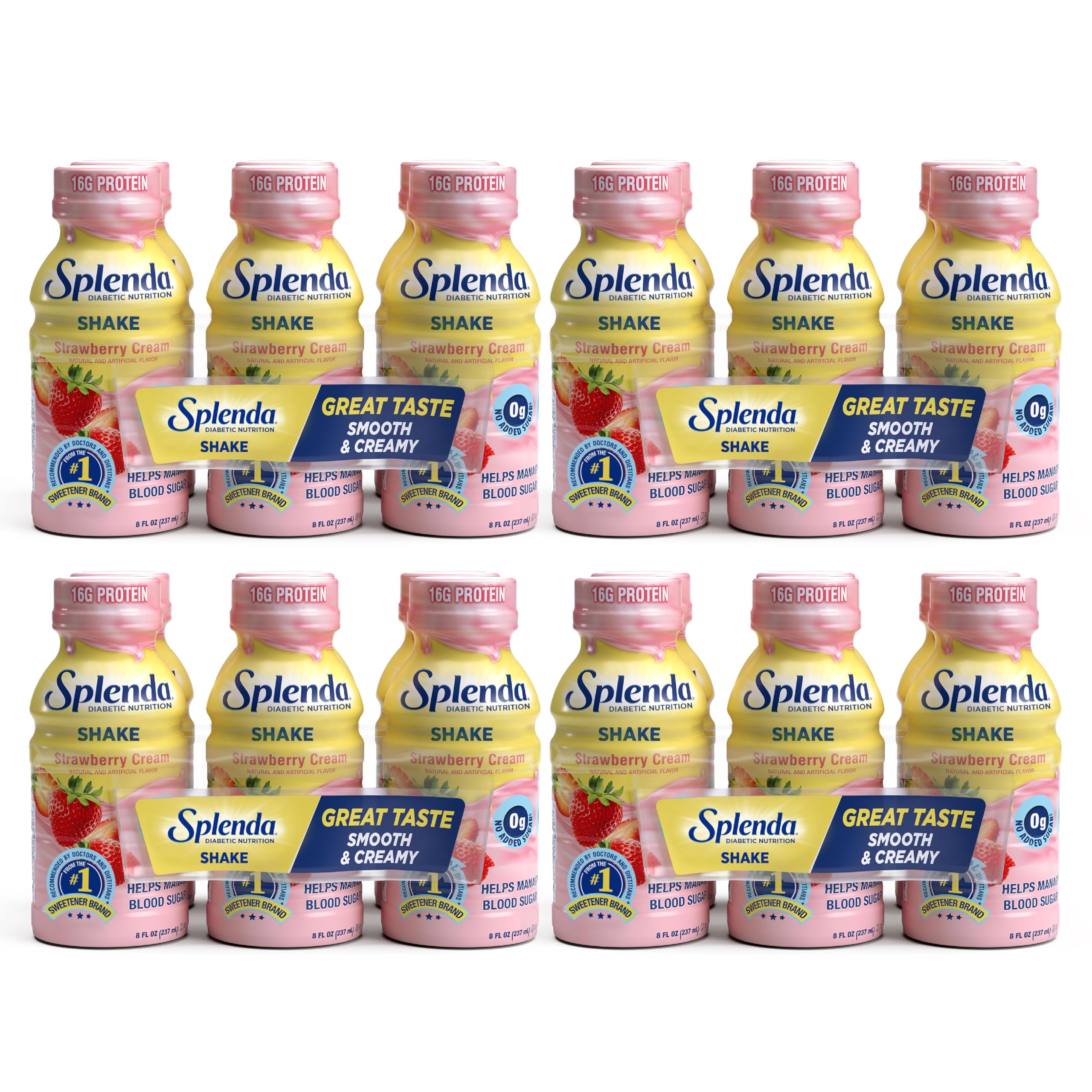 SPLENDA Diabetes Nutrition Shakes Strawberry Cream bottle with smooth, protein-packed meal replacement potential.