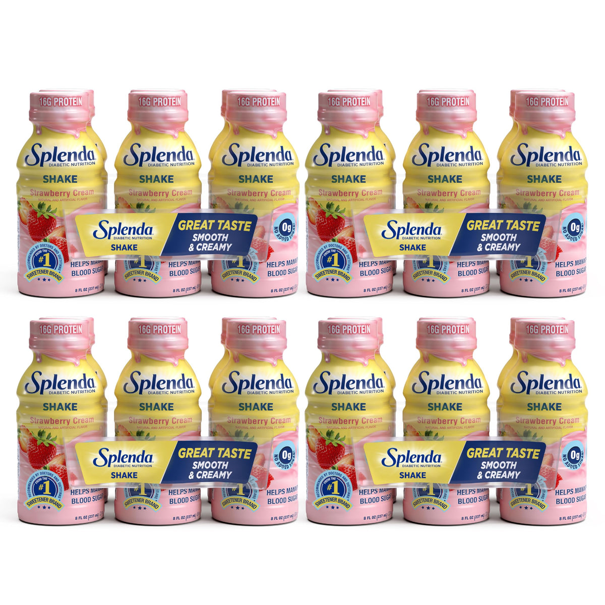 SPLENDA Diabetes Nutrition Shakes Strawberry Cream bottle with smooth, protein-packed meal replacement potential.