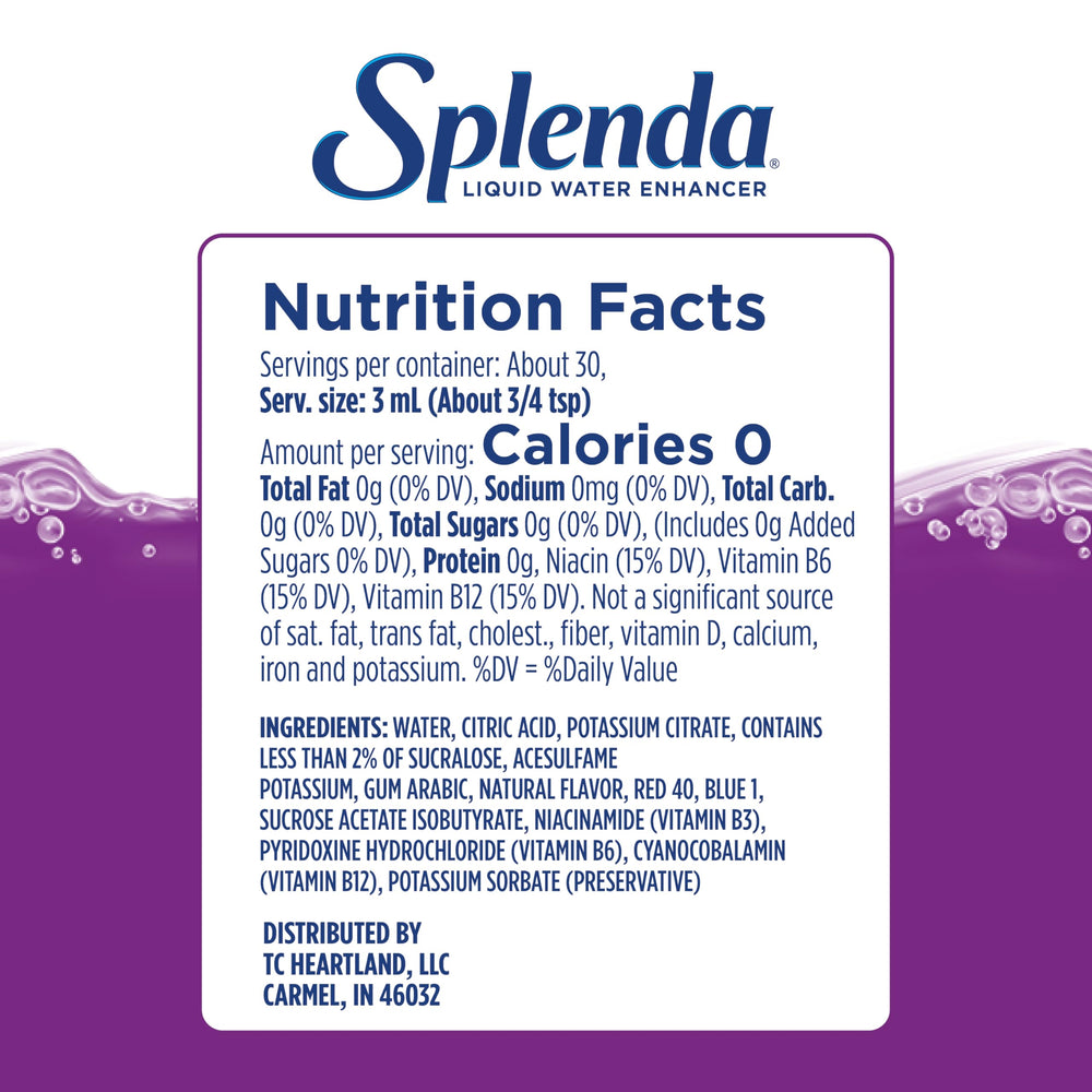 Splenda Grape Liquid Water Enhancer pour action highlights easy on-the-go flavor.