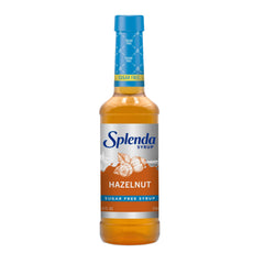 SPLENDA Hazelnut Coffee Syrup bottle pour for sugar-free flavor in hot drinks.