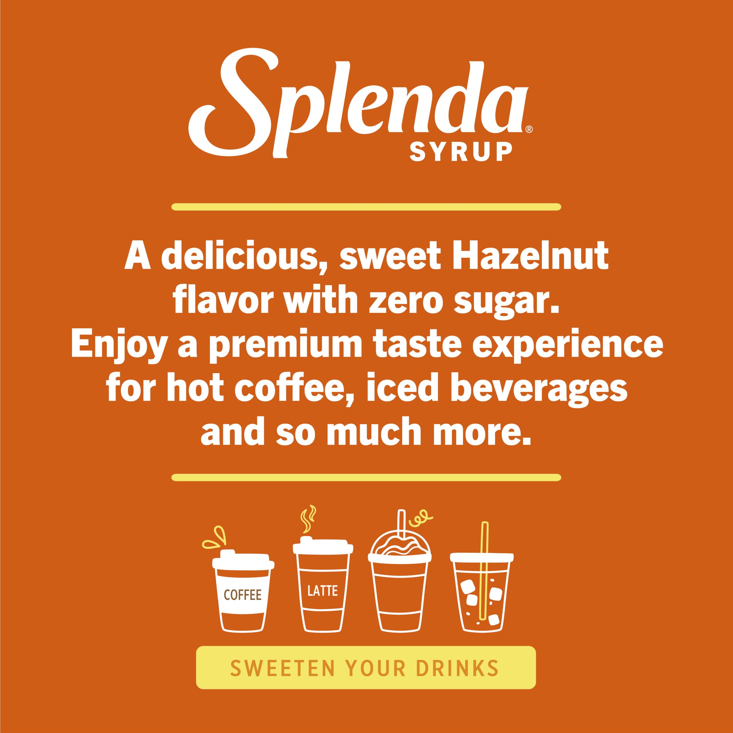 SPLENDA Hazelnut Coffee Syrup label closeup shows ingredients and flavor.