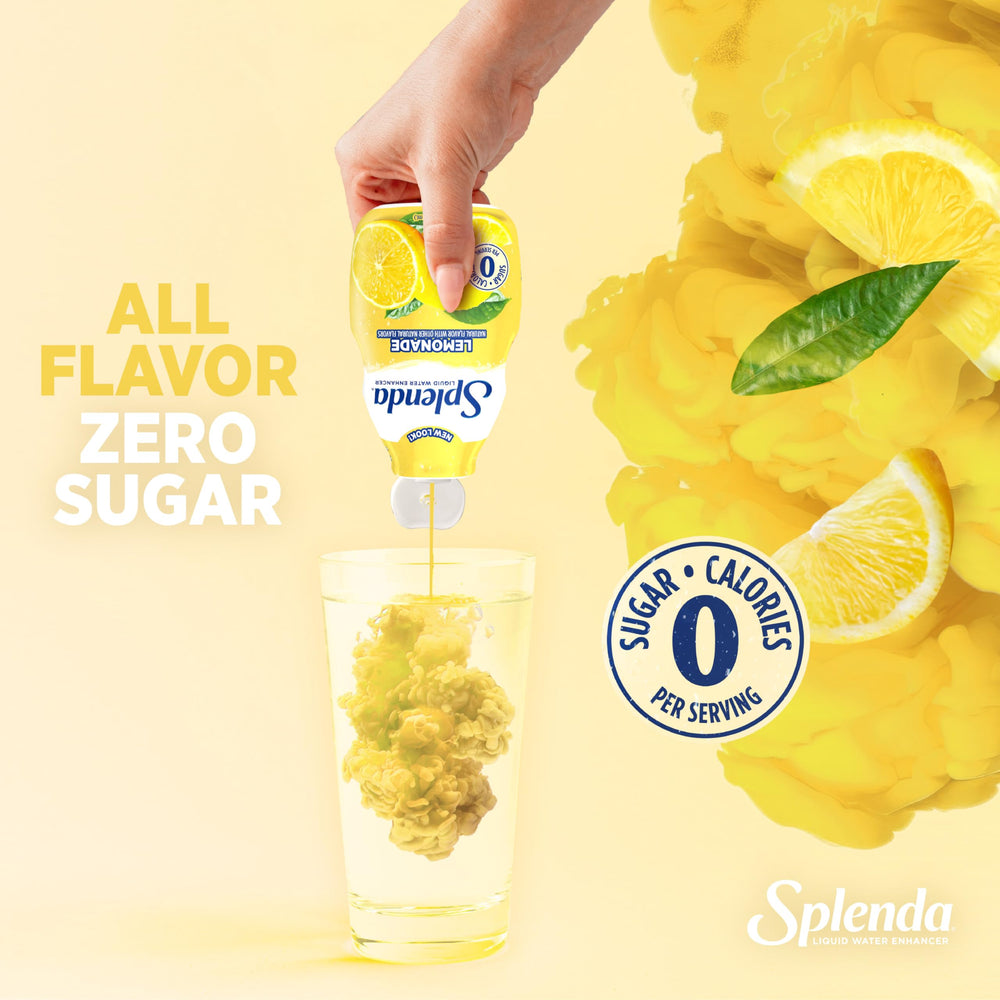 Pouring SPLENDA lemonade liquid into a glass for a refreshing zero-calorie sip.