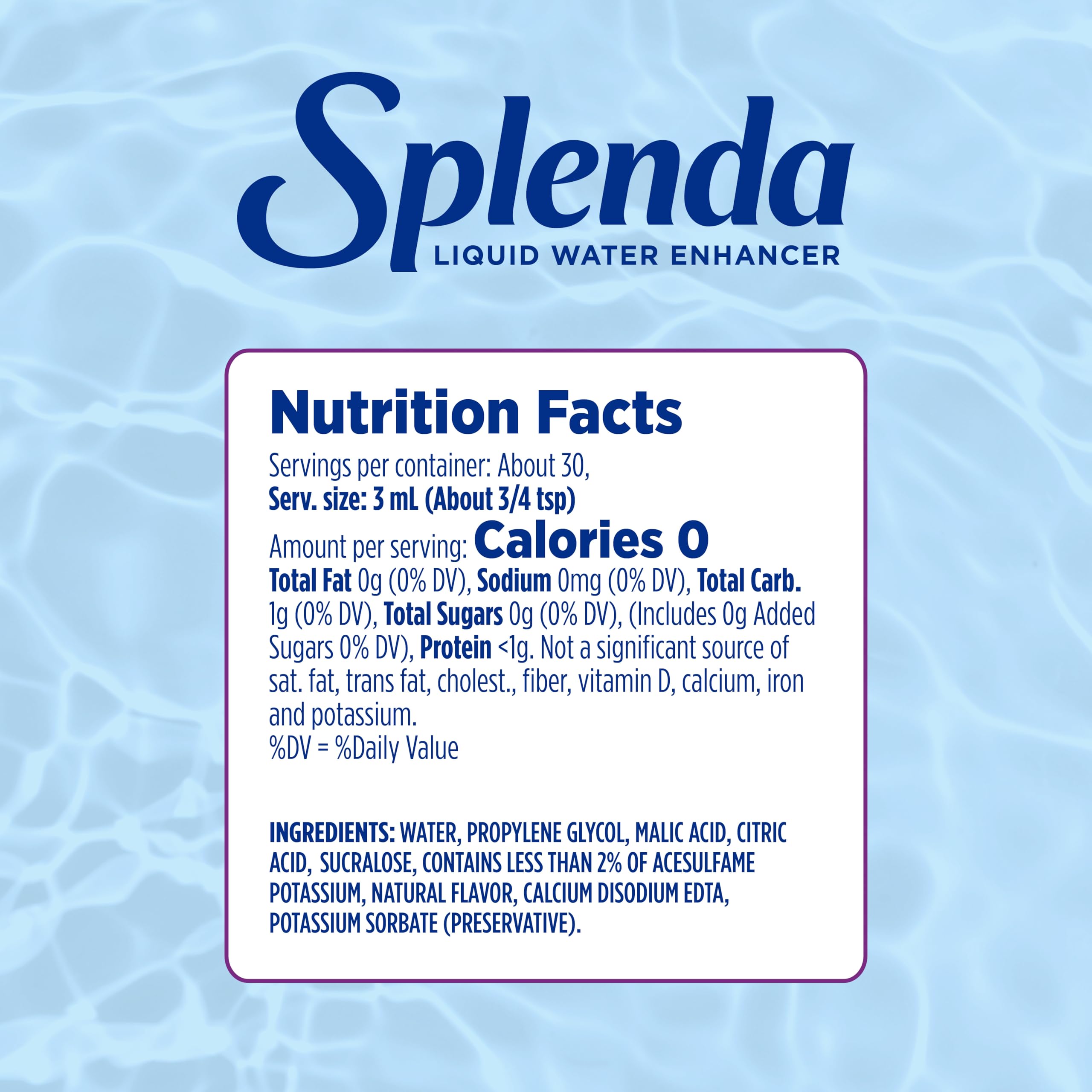 SPLENDA grape liquid water enhancer bottle pour delivering quick flavor boost in water.