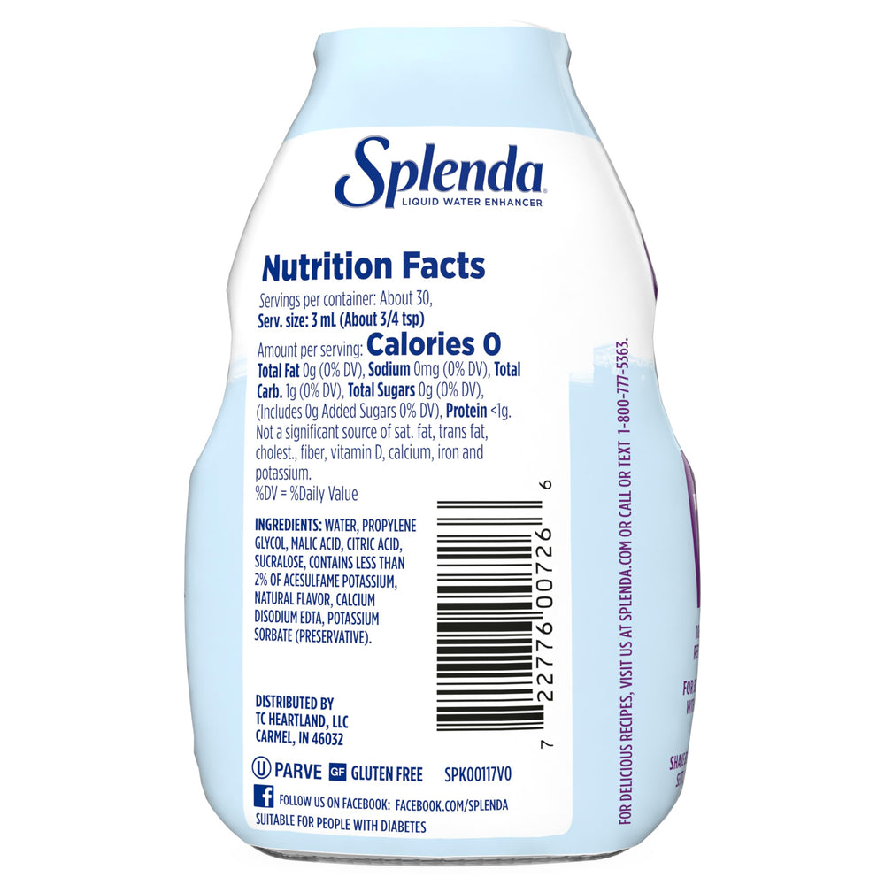 SPLENDA grape liquid water enhancer bottle close-up with label for natural flavor.