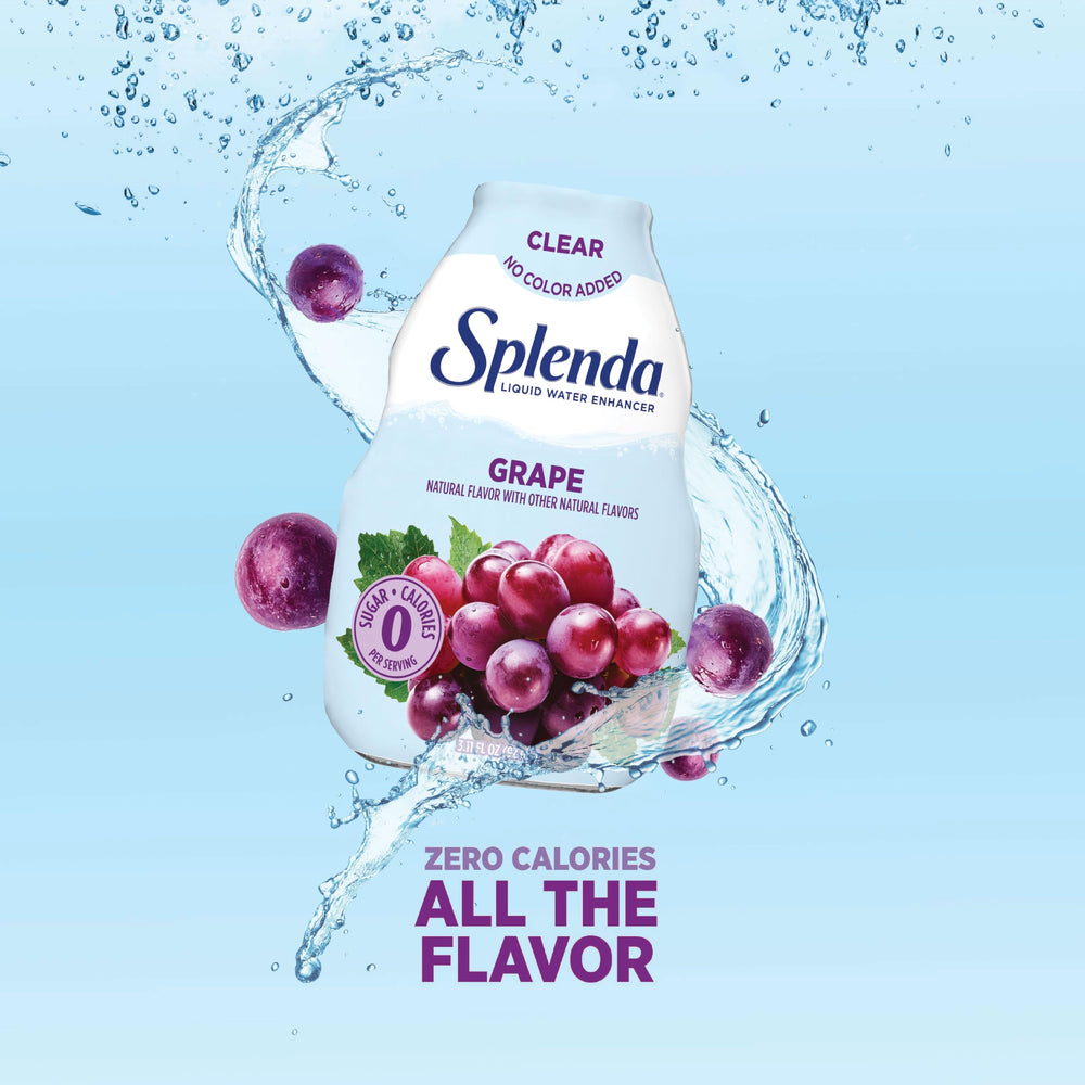 SPLENDA grape liquid water enhancer glass with drink illustrating zero-sugar flavor mix.