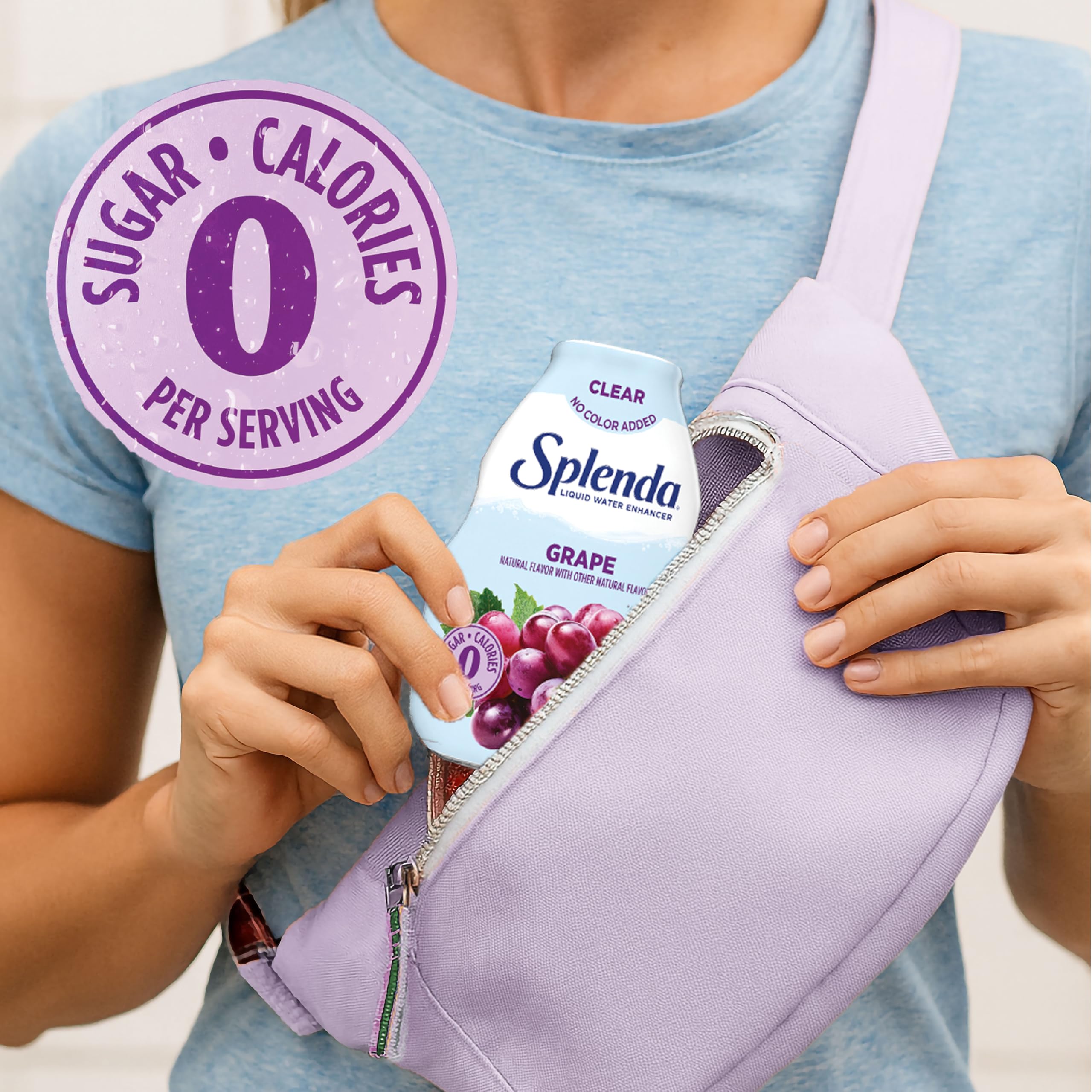SPLENDA grape liquid water enhancer travel case for easy portable flavor on the go.