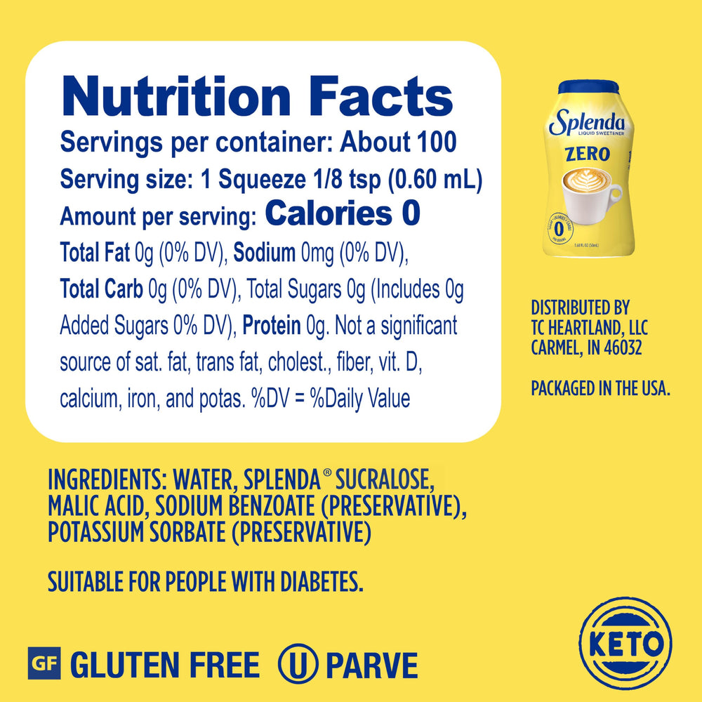 SPLENDA Liquid Zero Calorie Sweetener drops pour for precise coffee sweetness
