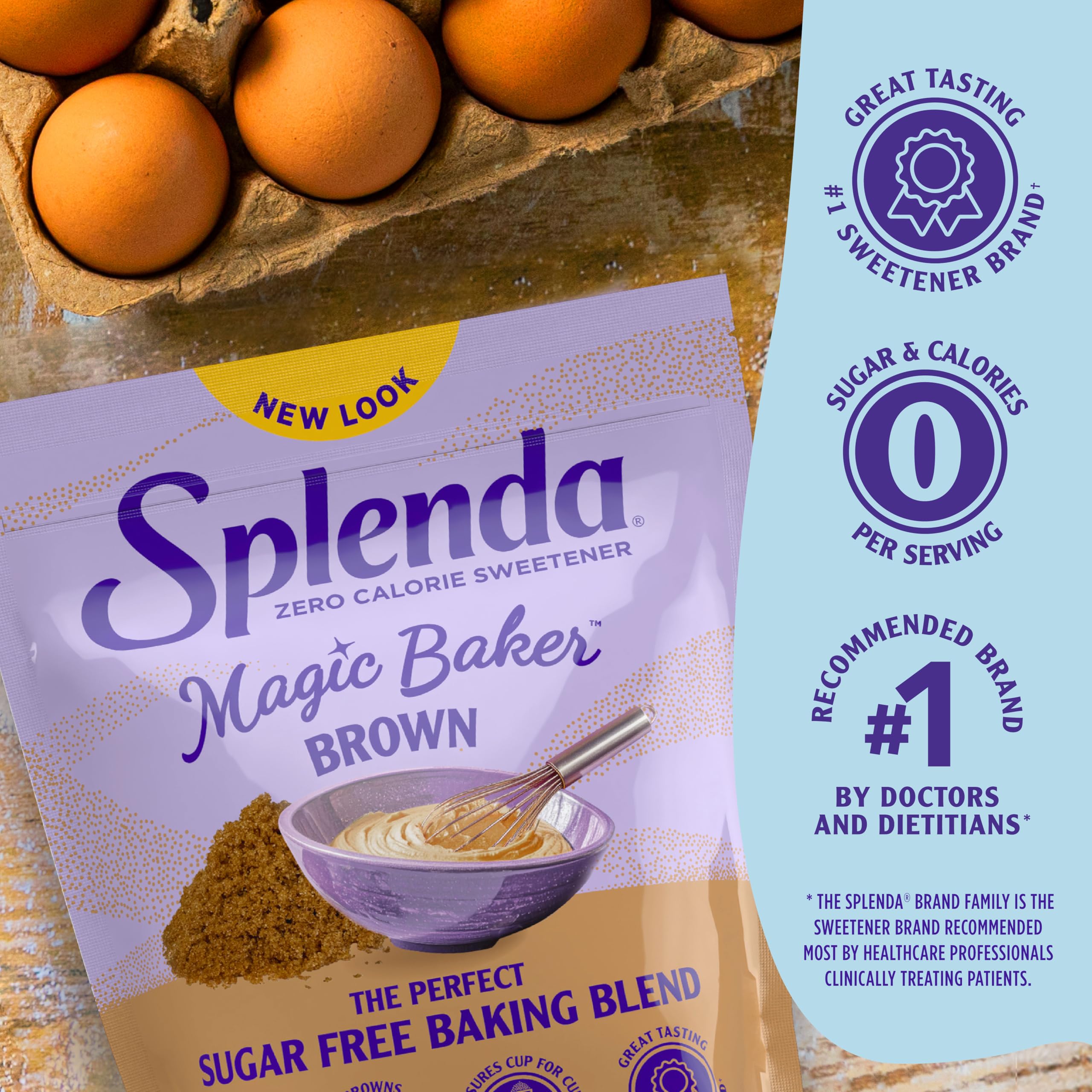 Measuring cup pouring SPLENDA Magic Baker Brown powder into batter