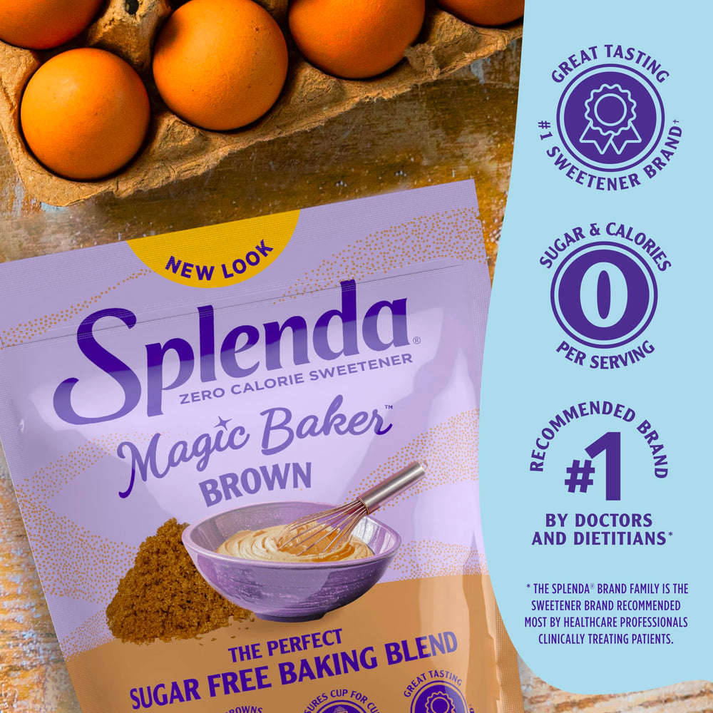 Measuring cup pouring SPLENDA Magic Baker Brown powder into batter