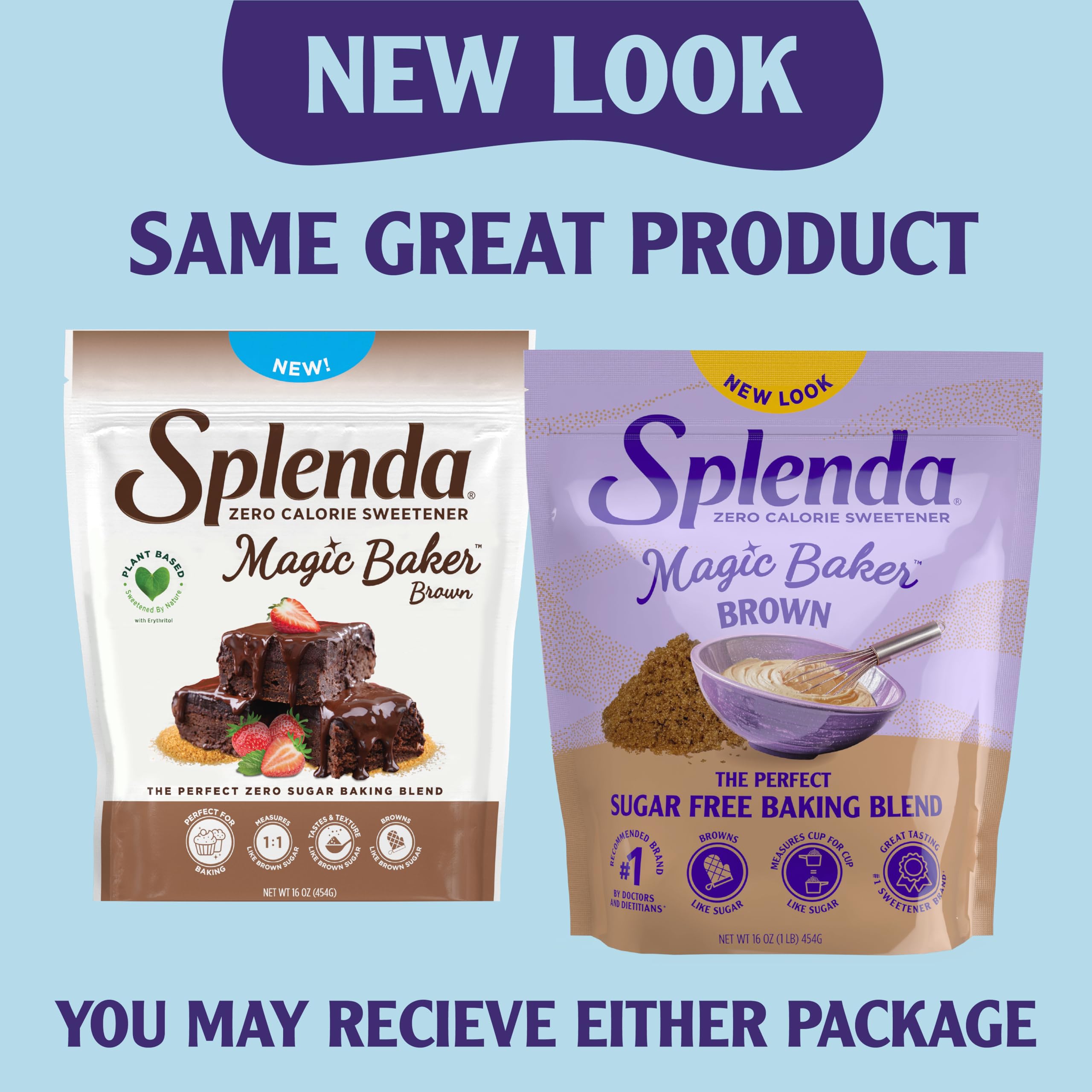 Zero-calorie SPLENDA Magic Baker Brown packaging on the kitchen counter