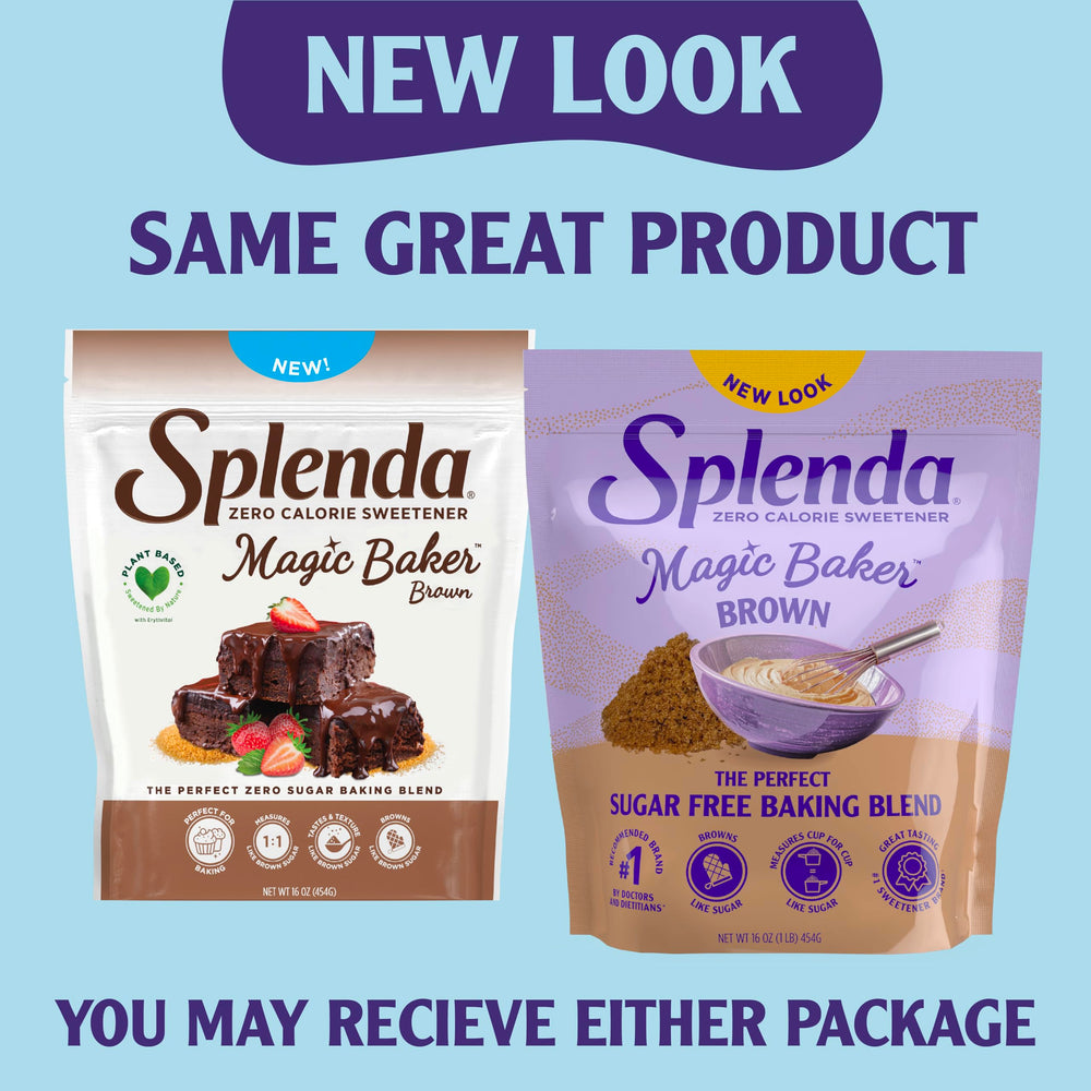 Zero-calorie SPLENDA Magic Baker Brown packaging on the kitchen counter