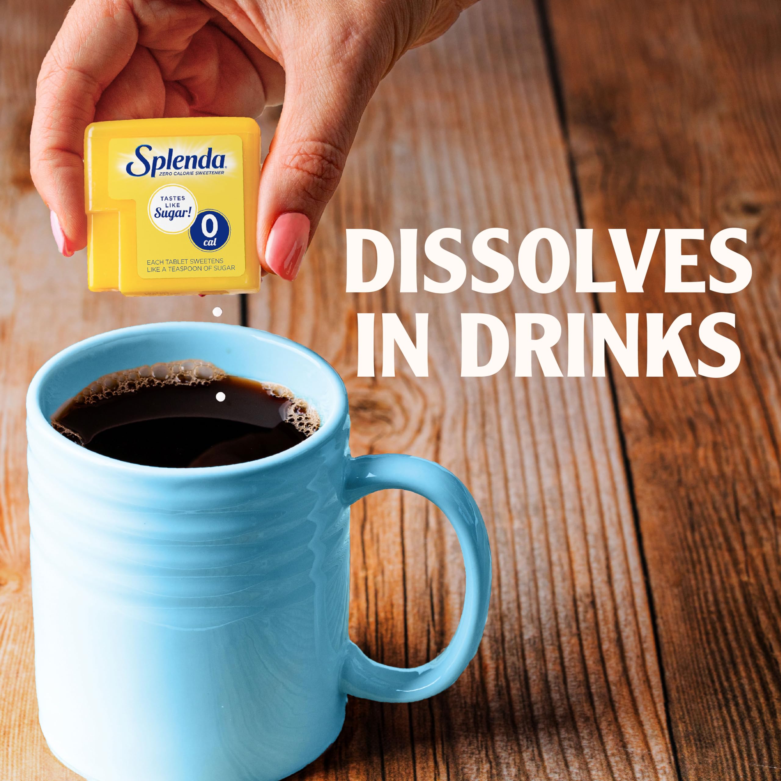 SPLENDA Minis quick-dissolving formula blends smoothly in tea or coffee.
