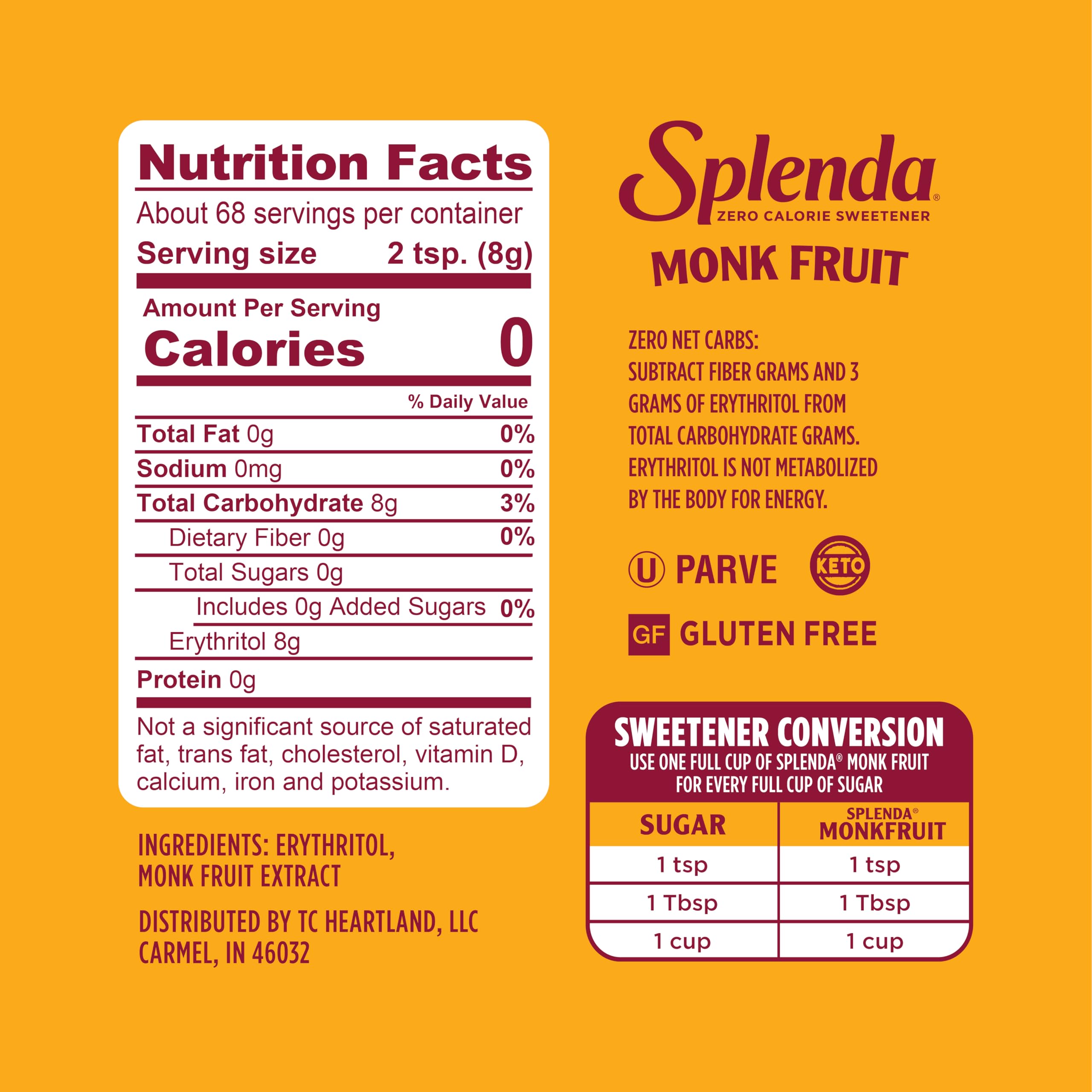 SPLENDA Monk Fruit granulated sweetener-packaging for cup-for-cup sugar replacement.