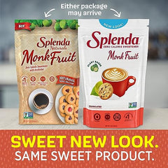 Splenda Monk Fruit Zero Calorie bag with scoop, ideal for precise baking