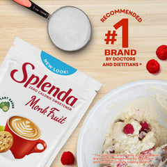 Splenda Monk Fruit Zero Calorie bag with baking dish for desserts