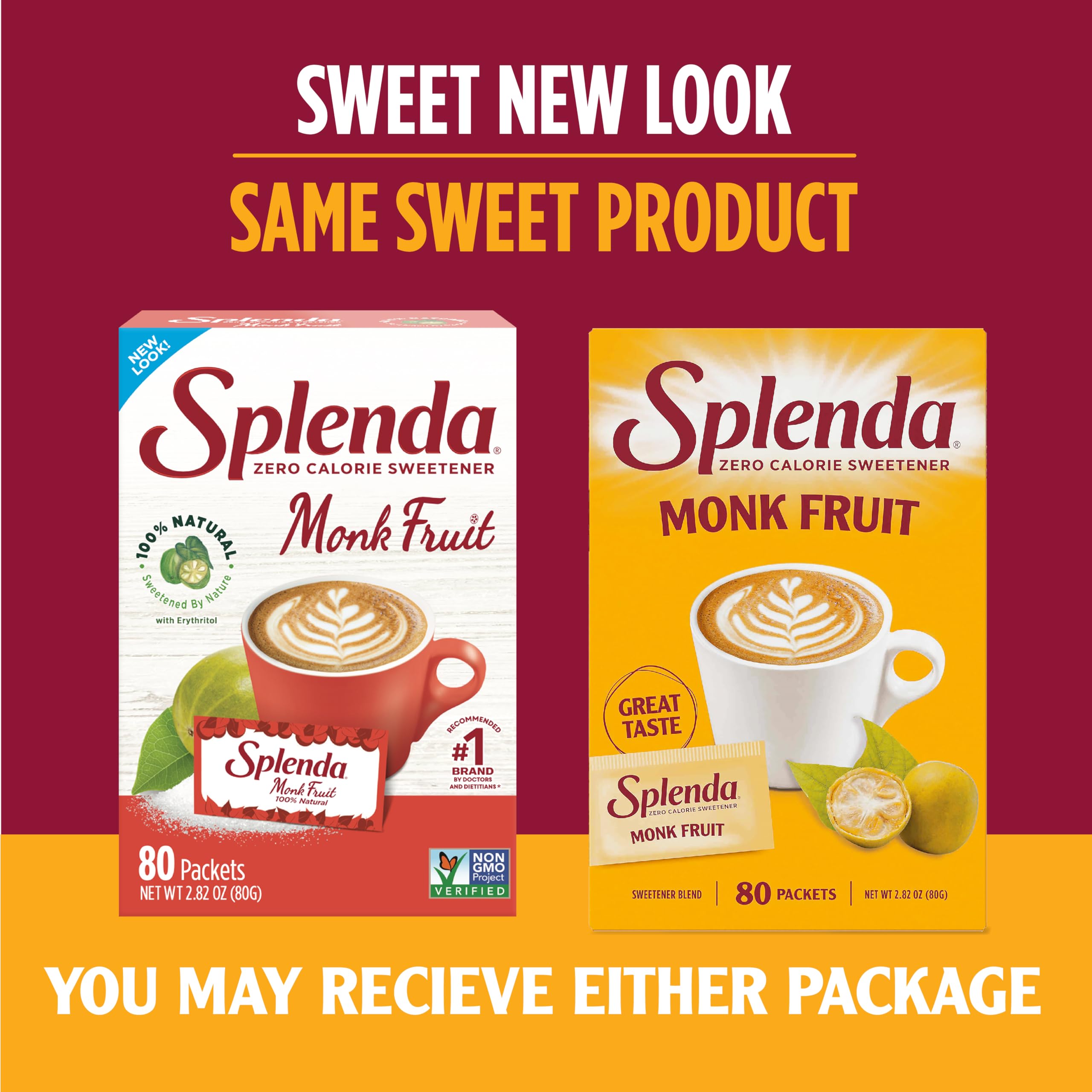 SPLENDA Monk Fruit zero-calorie sweetener used in a beverage to illustrate easy mixing.