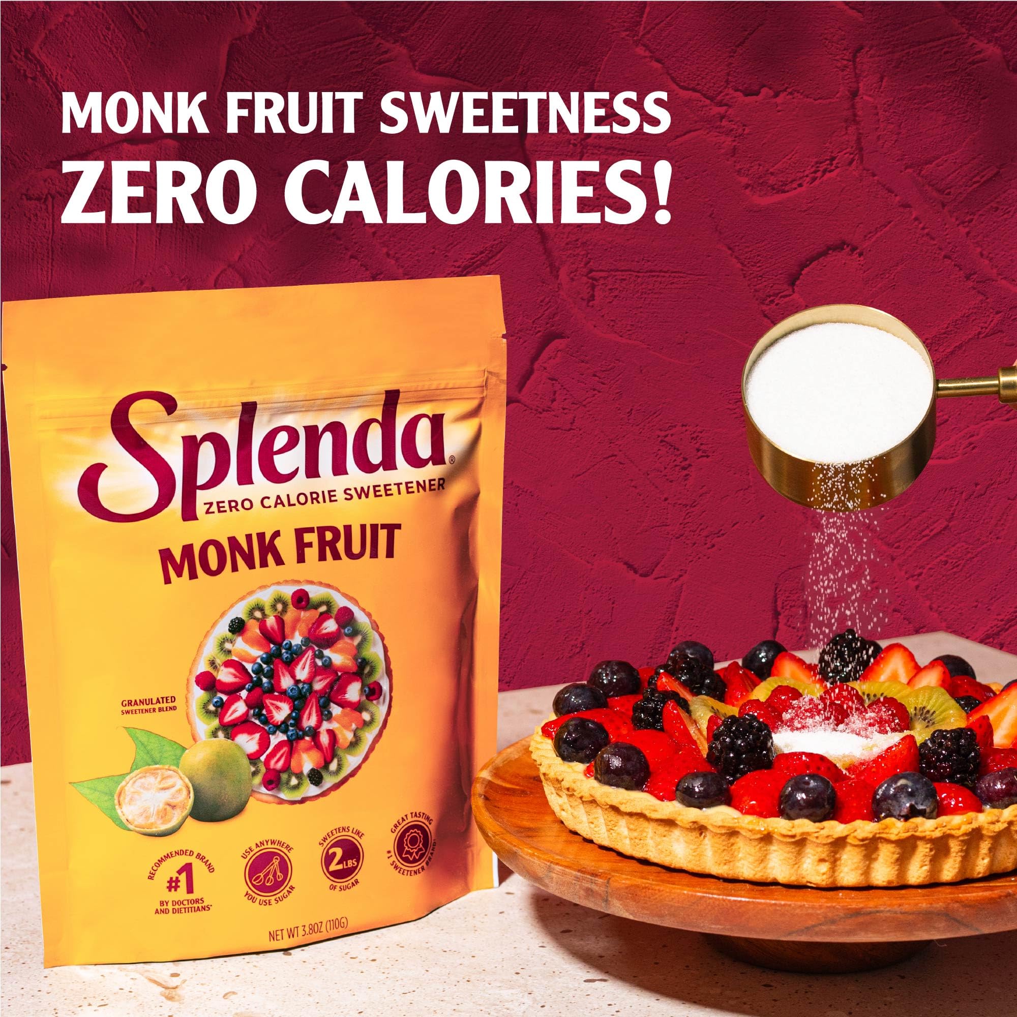 Splenda Monk Fruit Zero Calorie in coffee dissolves easily for a calorie-free sip.