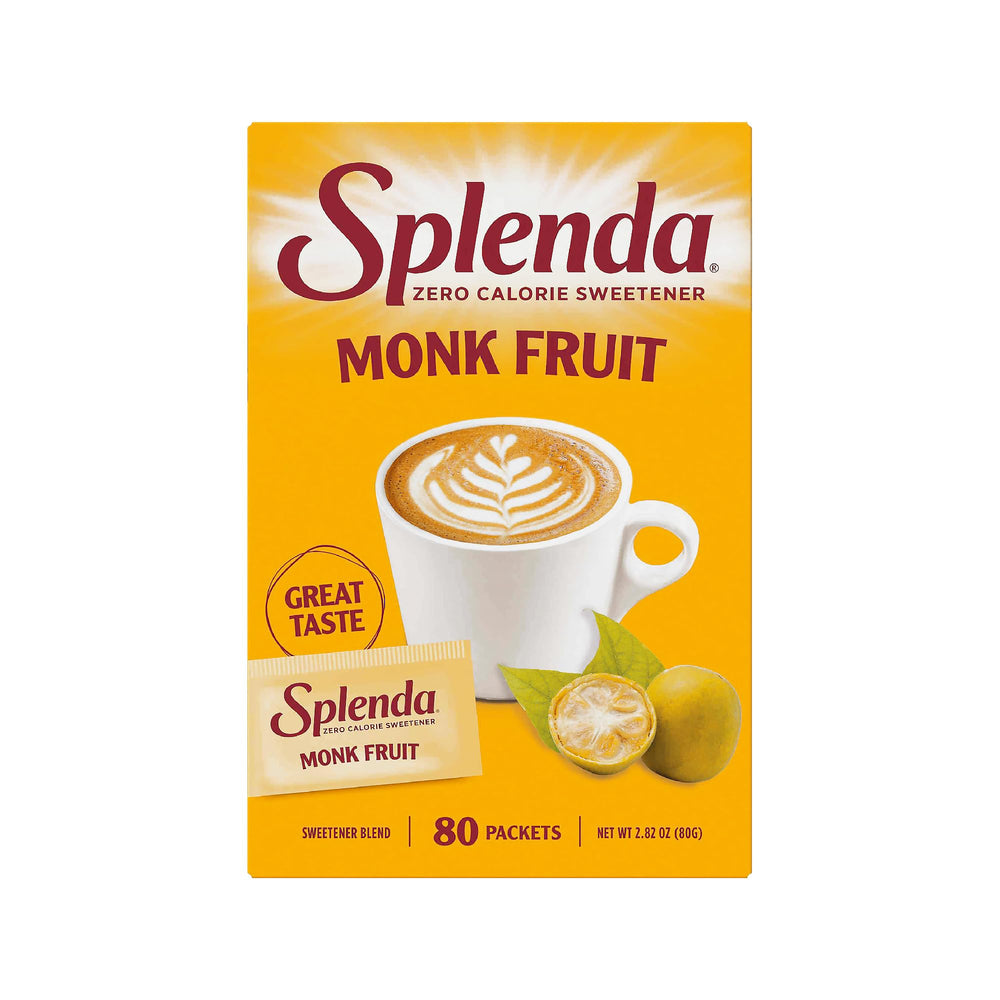 SPLENDA Monk Fruit zero-calorie packaging close-up highlighting keto-friendly sweetness.