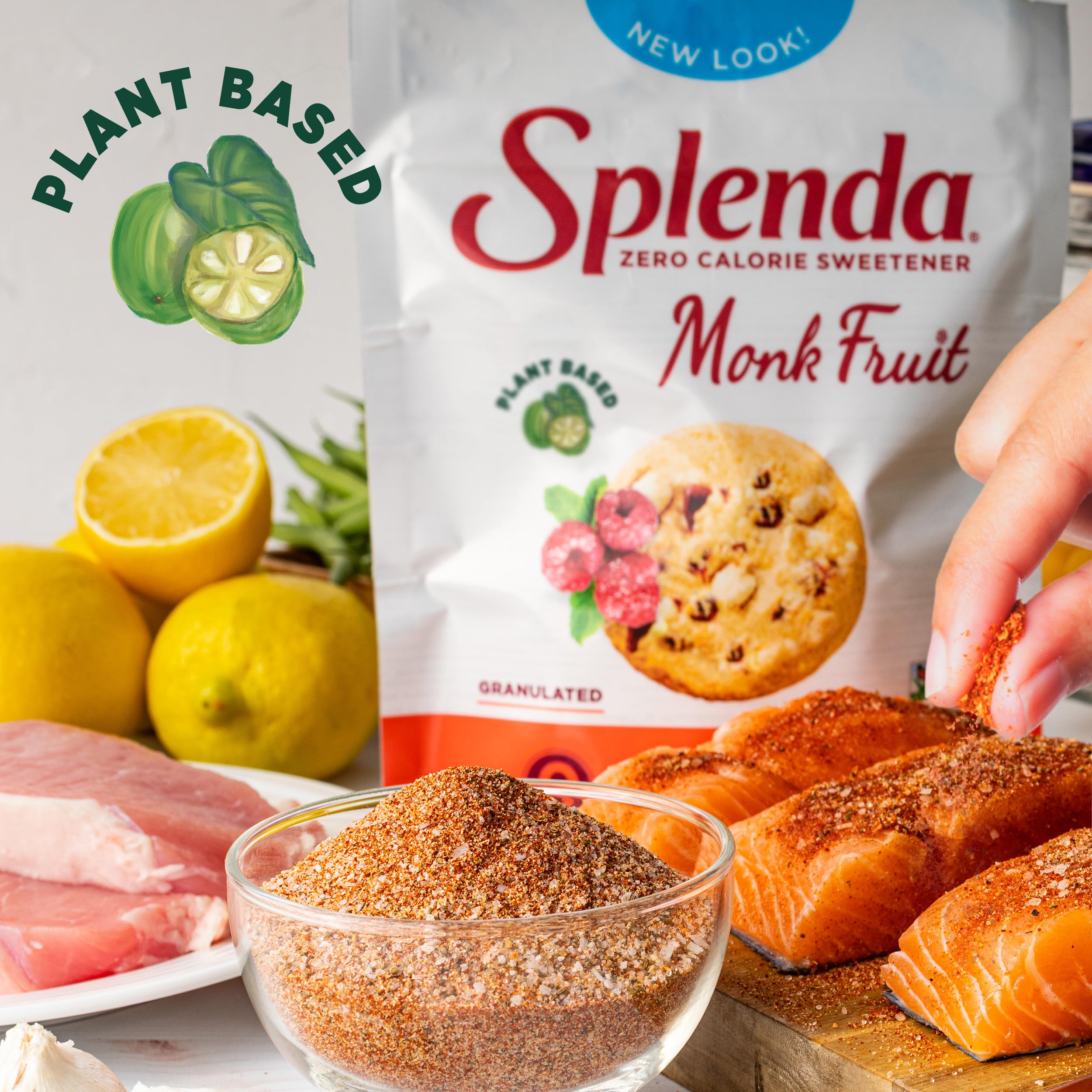 Splenda Monk Fruit Zero Calorie bag on pantry shelf for everyday use