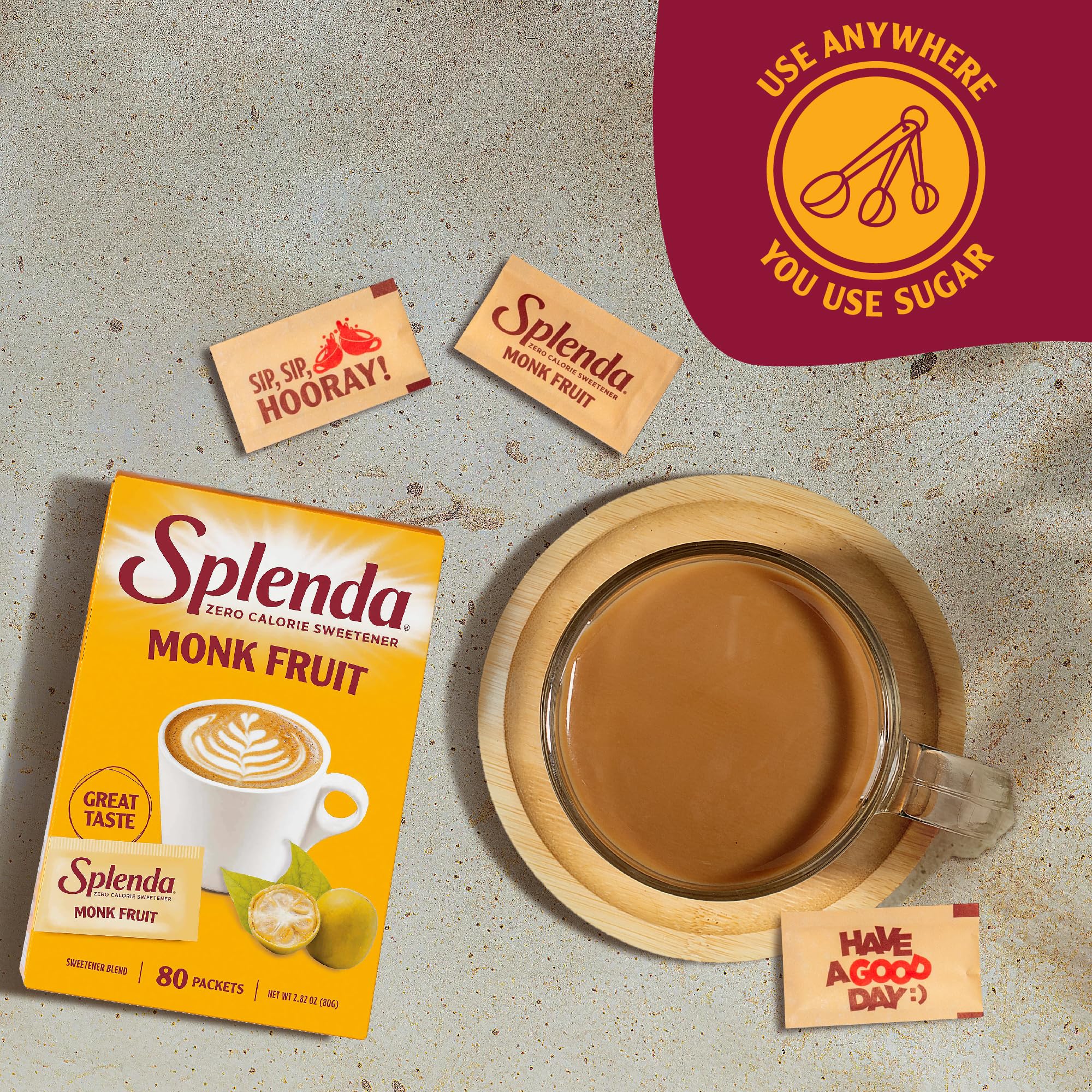 SPLENDA Monk Fruit zero-calorie sweetener added to sauce for balanced flavor.