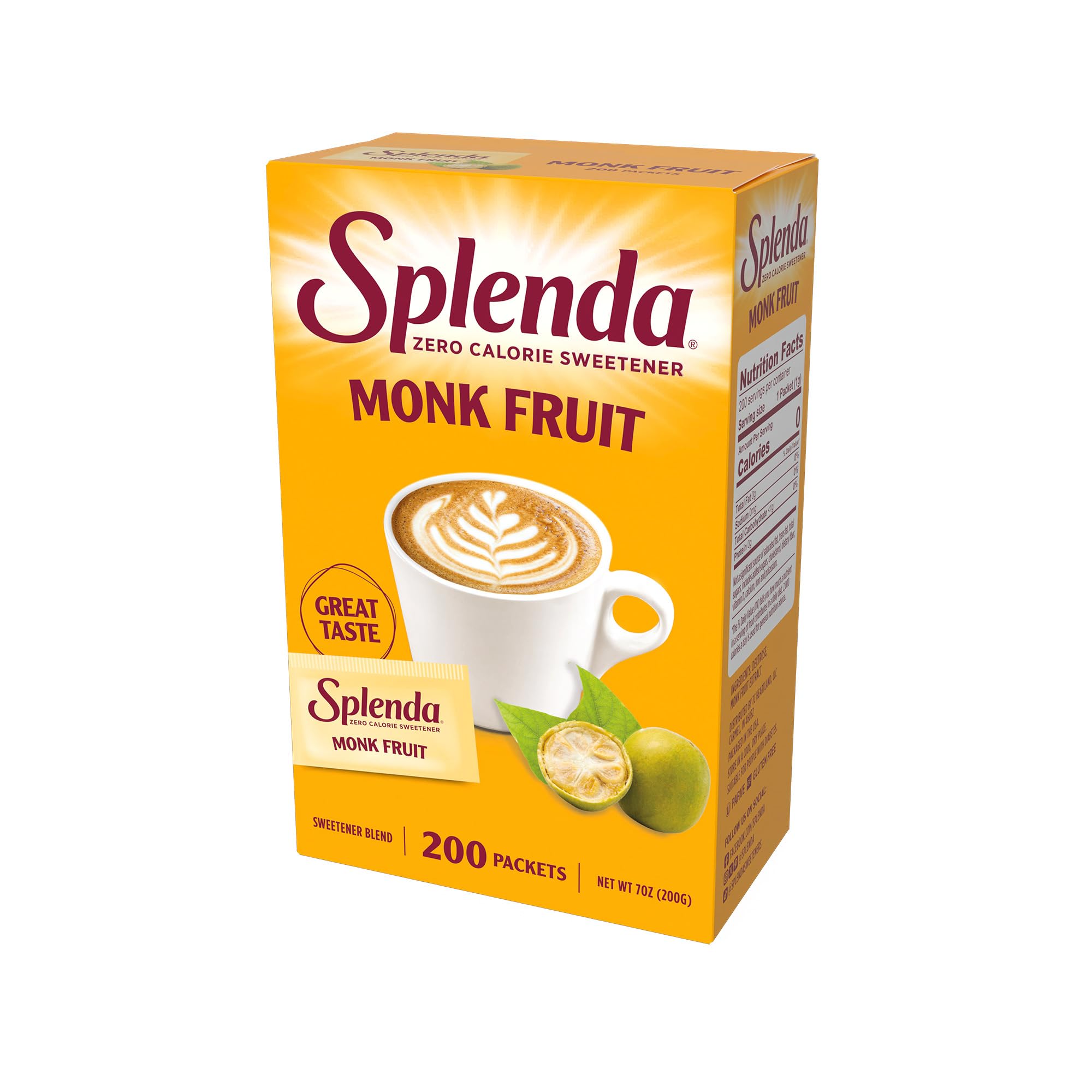 Splenda Monk Fruit Zero Calorie bottle being poured for sugar-free drinks.