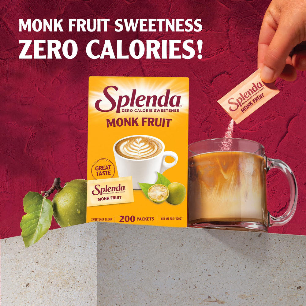 Cup of coffee with Splenda Monk Fruit Zero Calorie as a keto-friendly sweetener.